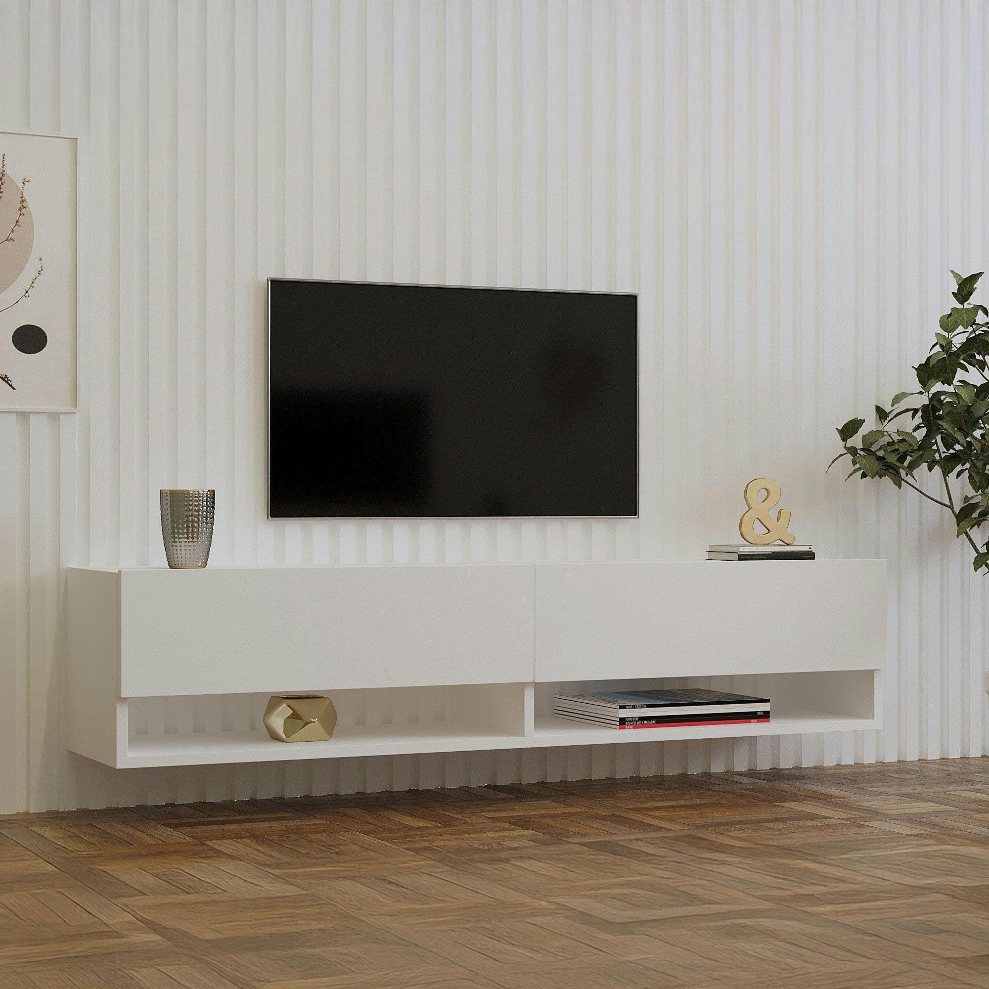 Meuble TV mural blanc - 2 niches ouvertes et 2 portes MARFA