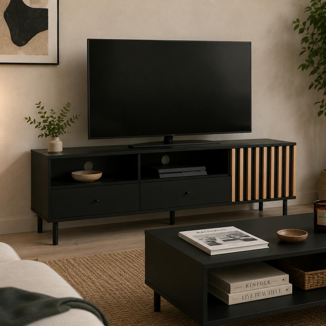 Meuble TV noir décor bois 1 porte 2 tiroirs NOREN