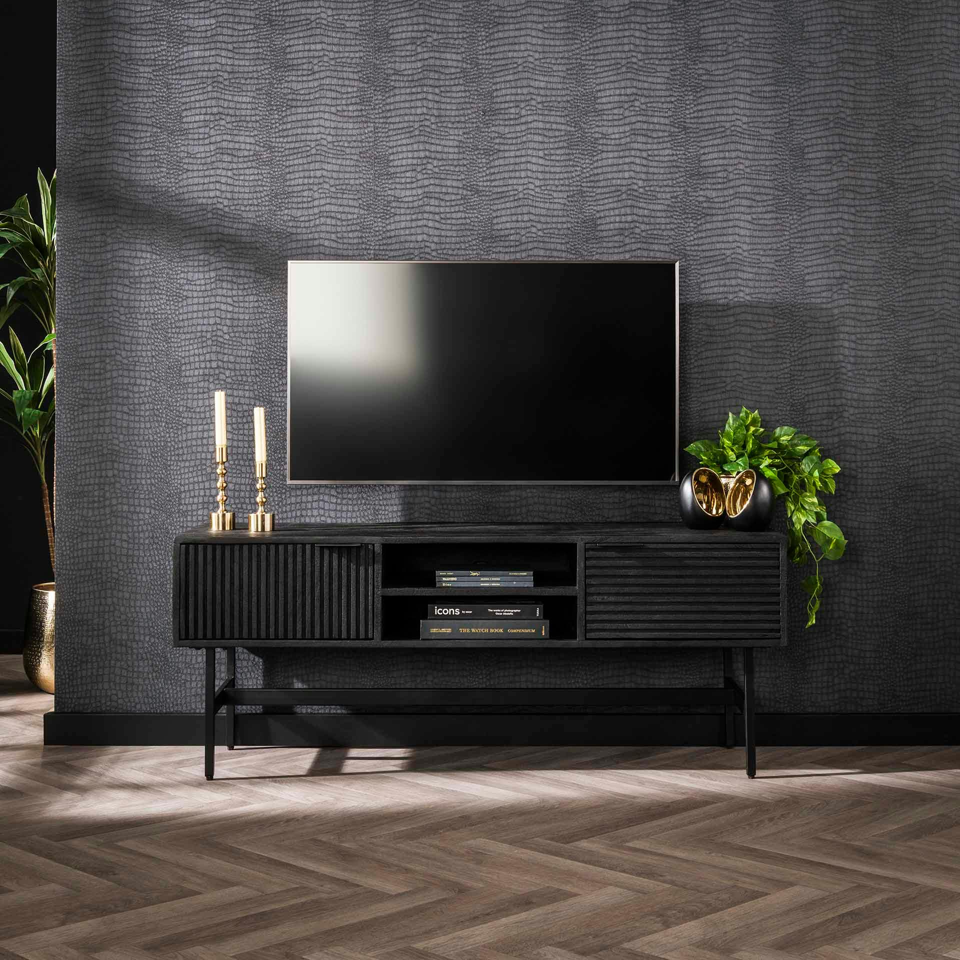 Meuble tv noir en bois de manguier avec rangement LUCKNOW