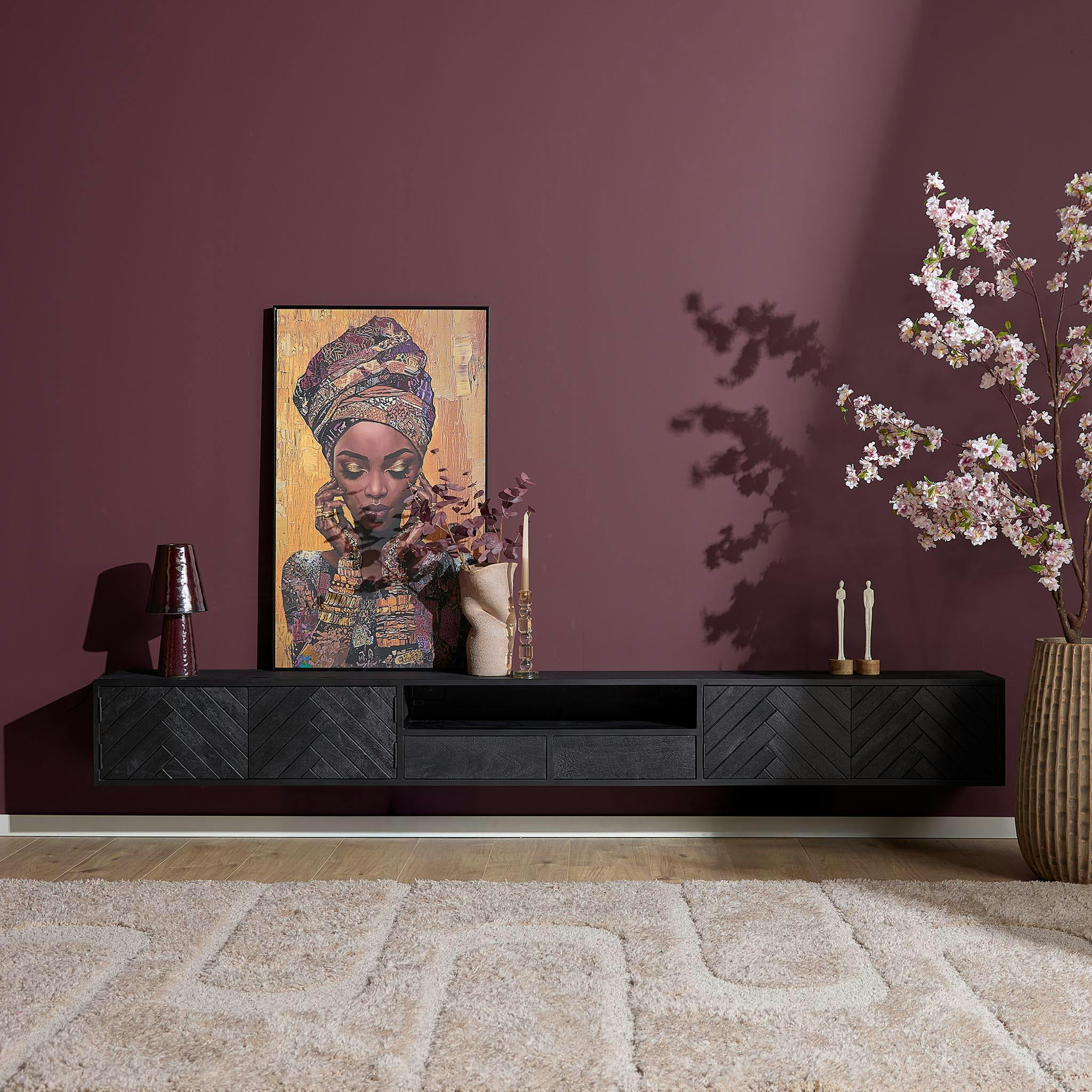 Meuble TV noir suspendu en bois avec rangement 280 cm ALVERA