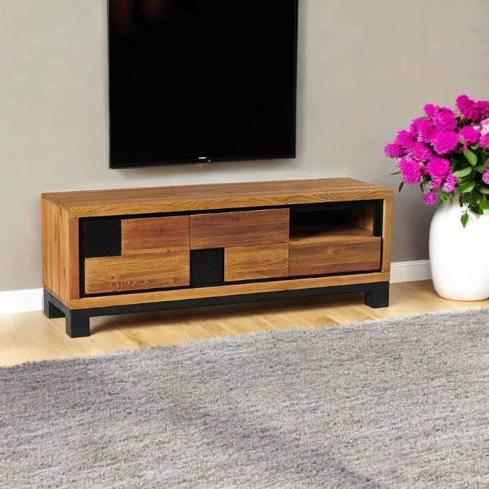 Meuble TV pin brossé carrés noirs avec rangement ARAD