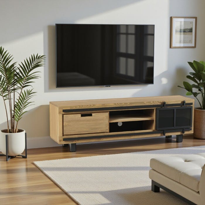 Meuble TV pin brossé porte coulissante 1 tiroir IASI