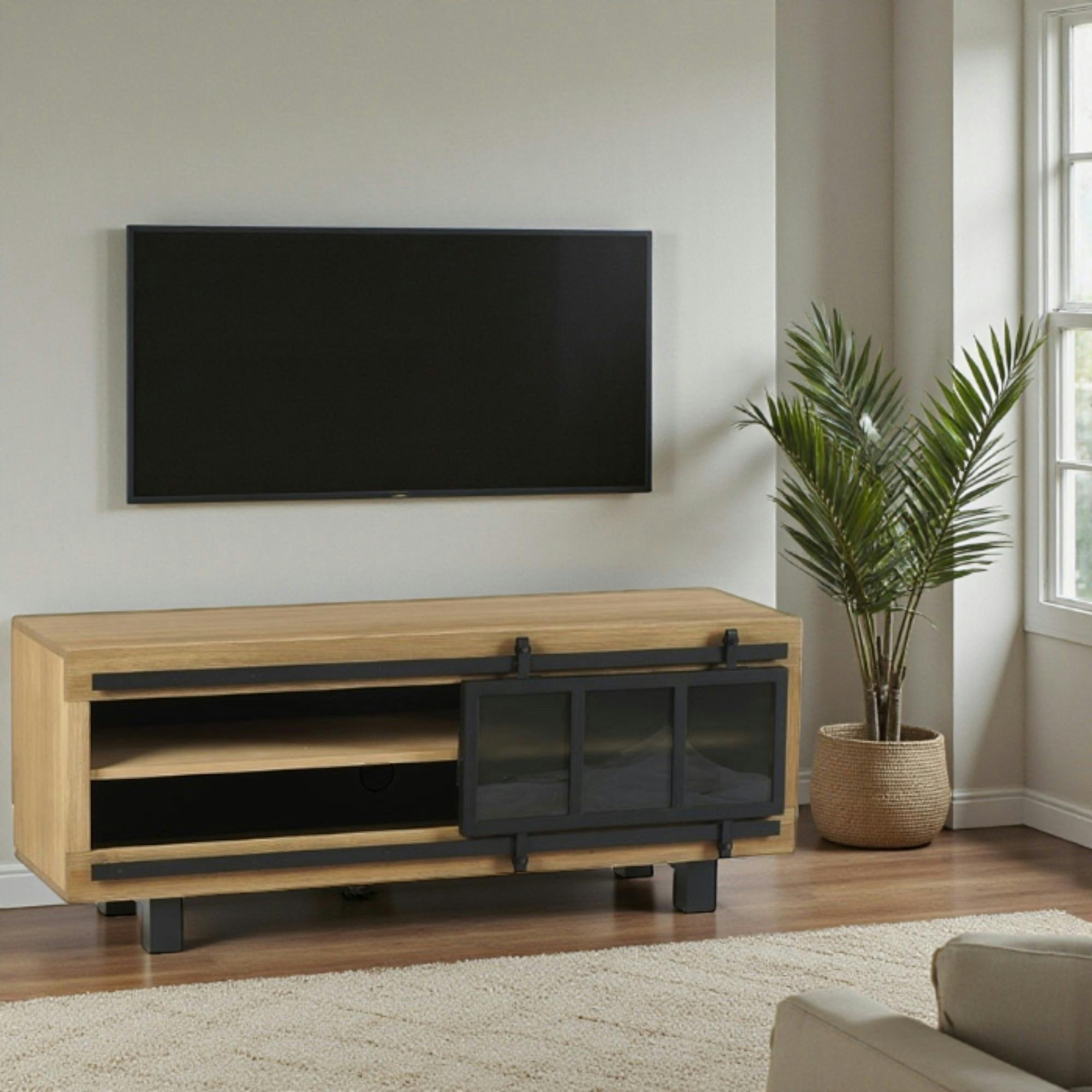 Meuble TV pin brossé porte coulissante IASI