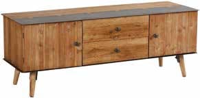 Meuble TV plateau métal plaqué sapin massif et métal 2 portes 2 tiroirs et pieds bois massif 150x55x45cm VULCAN