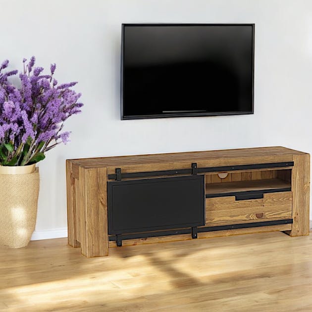 Meuble tv porte coulissante pin brossé SOHO | Meubles TV | Pier Import