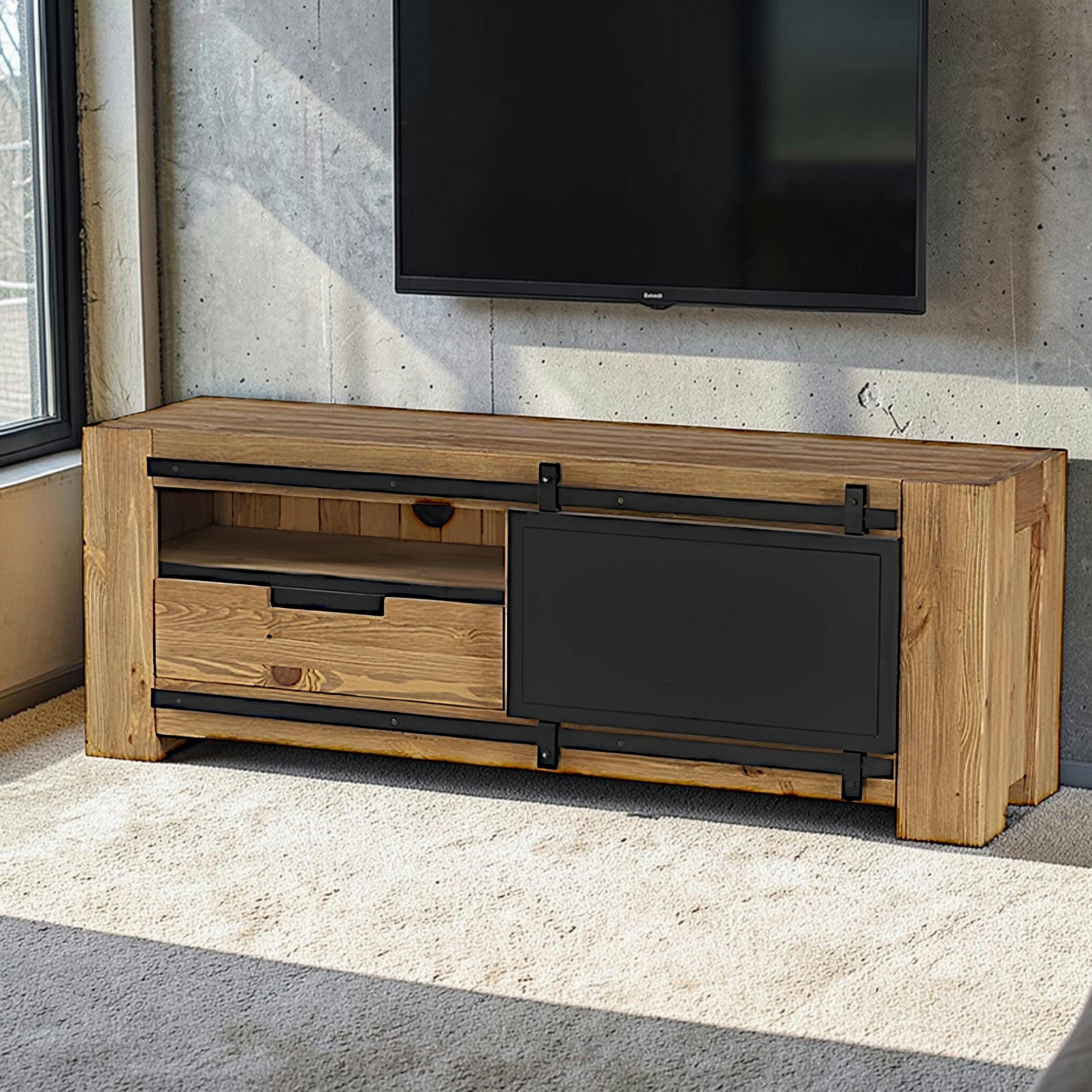 Meuble TV en bois et metal porte coulissante style industriel