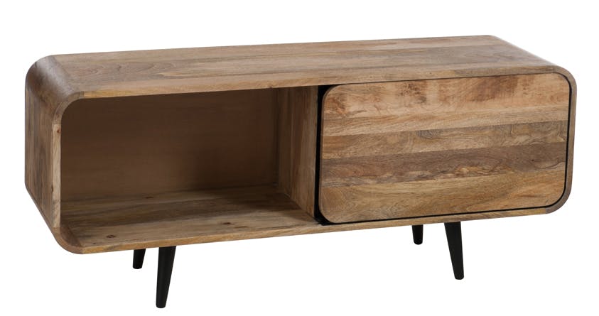 Meuble TV rétro bois naturel 1 porte coulissante 120x35x50cm