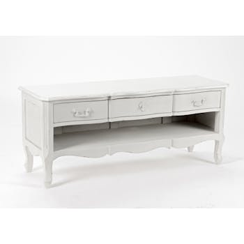 Meuble TV Romantique 3 tiroirs, 1 niche HARPE L 120 X P 40 X H 50 Crème Antique vieilli AMADEUS