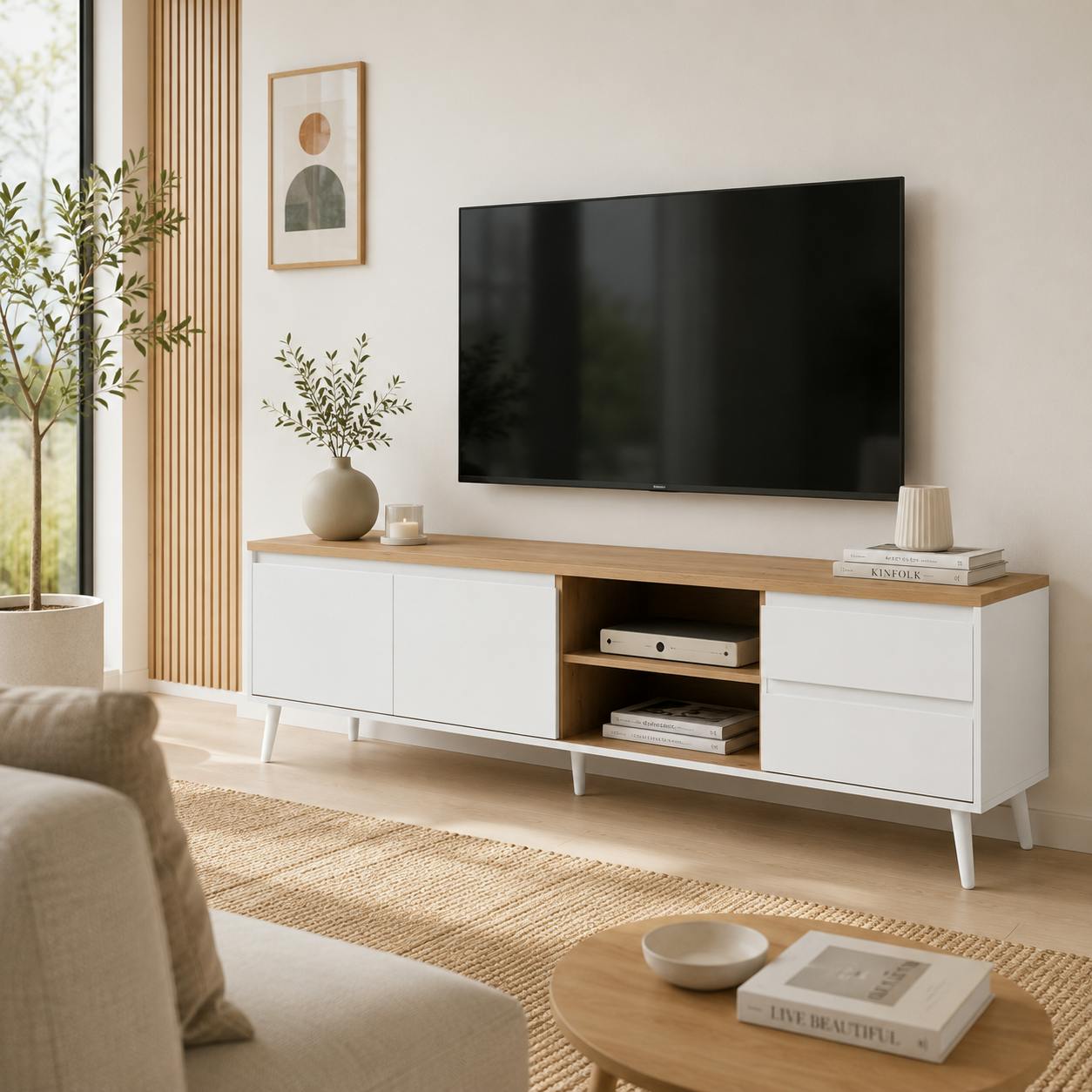 Meuble TV scandinave 2 portes 2 tiroirs ALVA