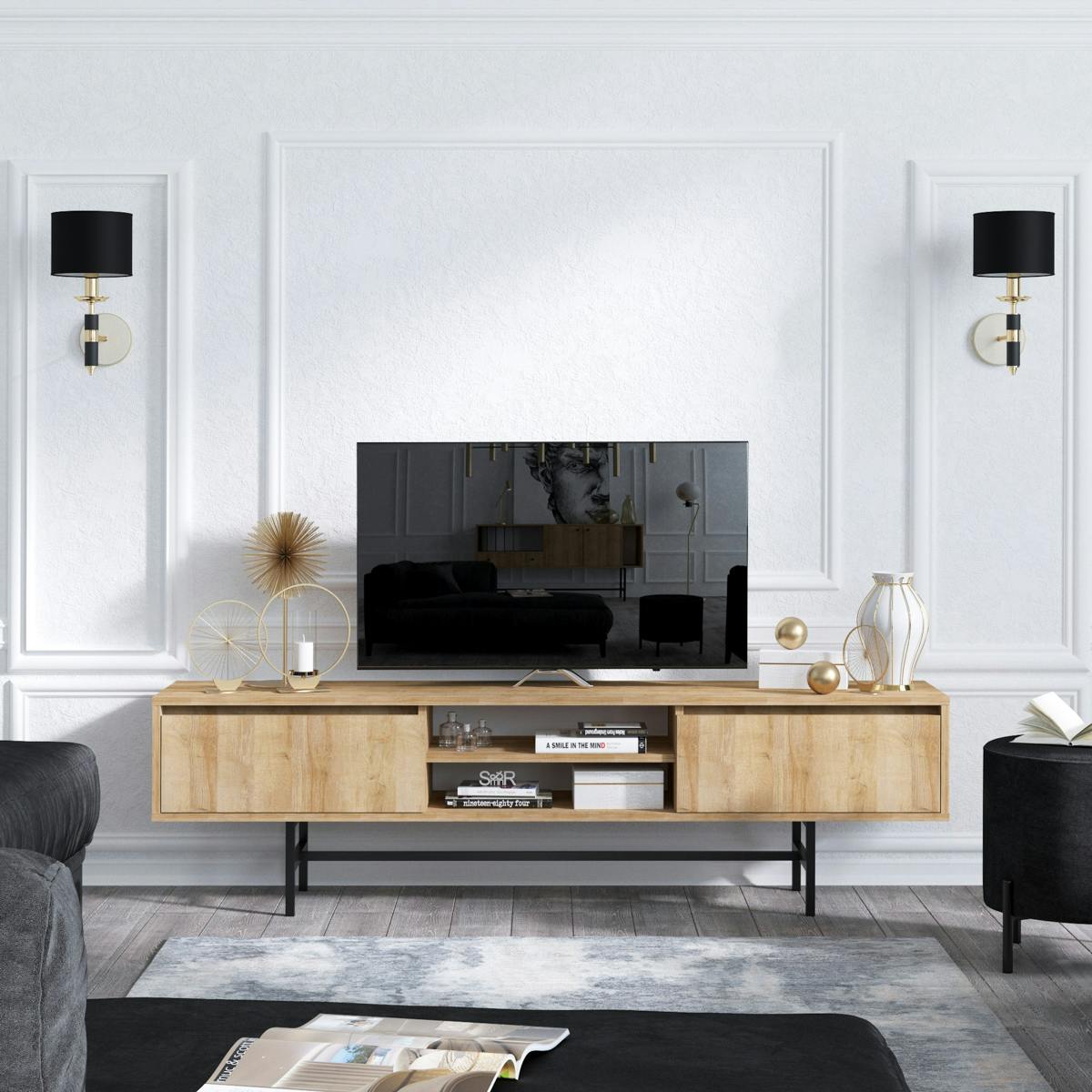 Meuble TV scandinave 2 tiroirs coulissants 2 niches JENA