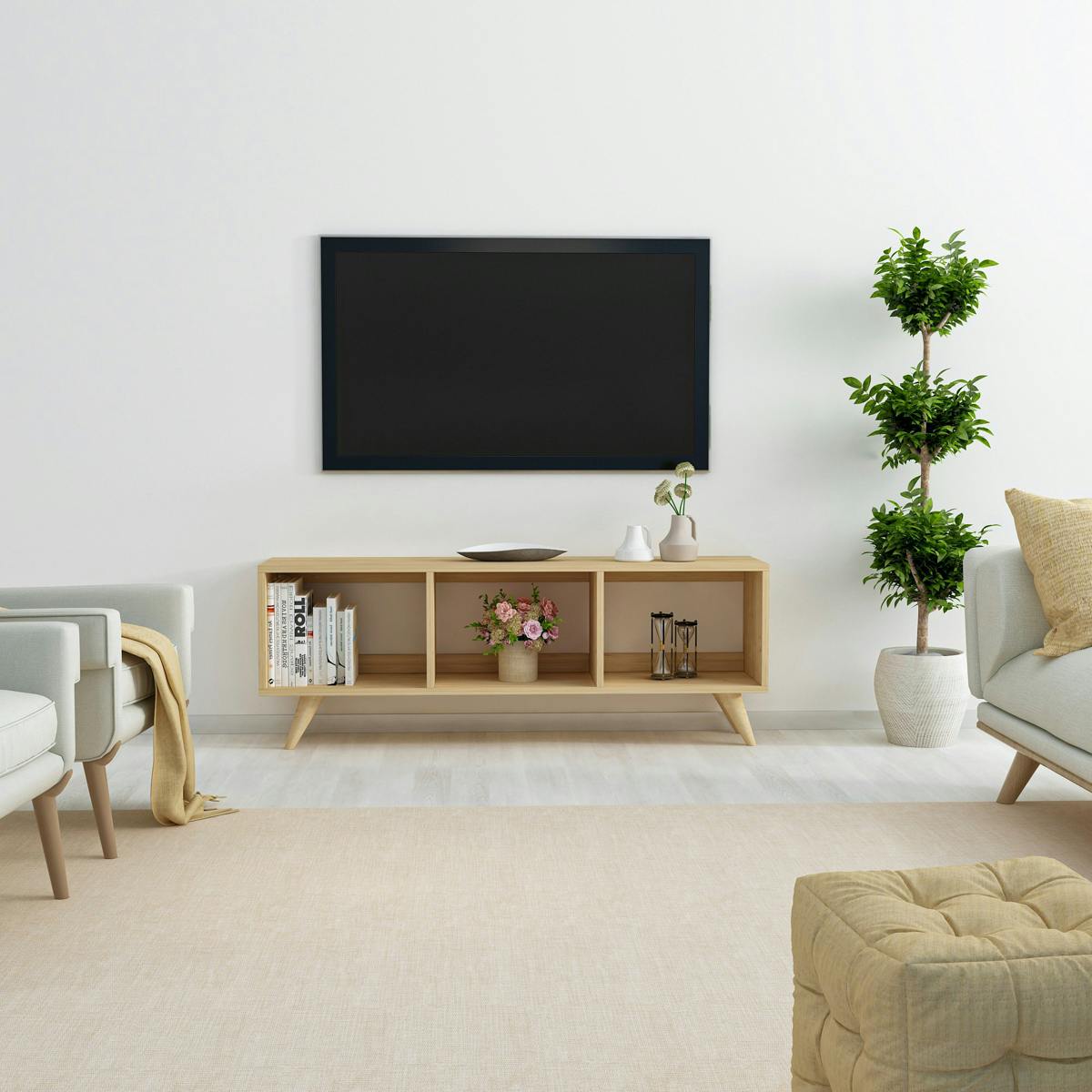 Meuble TV scandinave 3 niches ouvertes pieds obliques MARFA