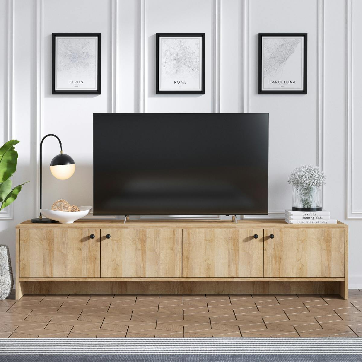 Meuble TV scandinave 4 portes à boutons décor bois UMEA