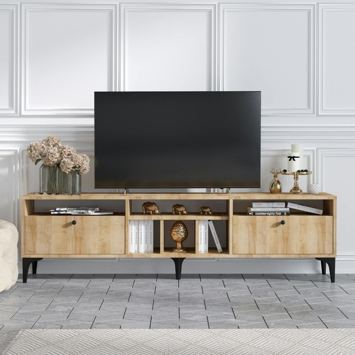 Meuble TV scandinave avec rangements divers pieds noirs UMEA