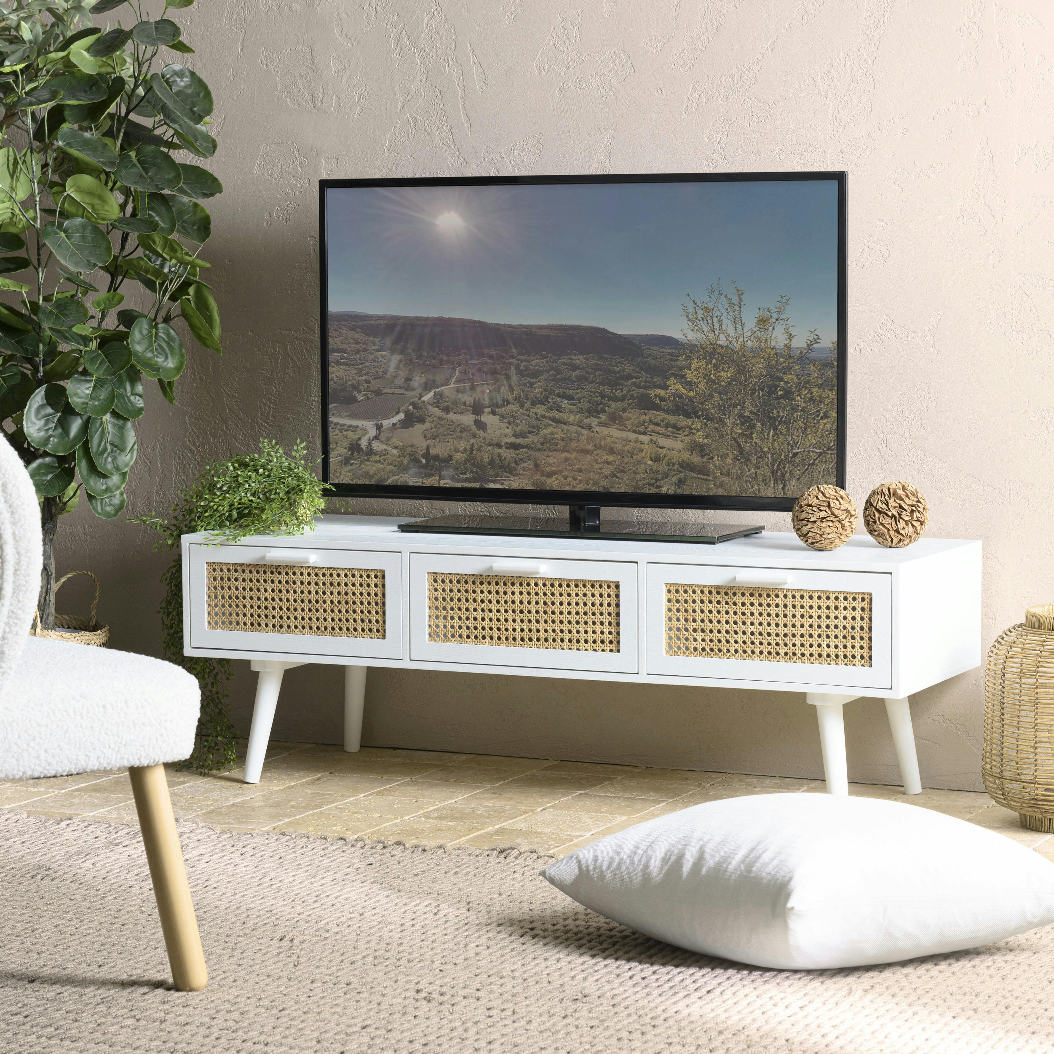 Meuble TV scandinave bois blanc 3 tiroirs rotin CALVIA