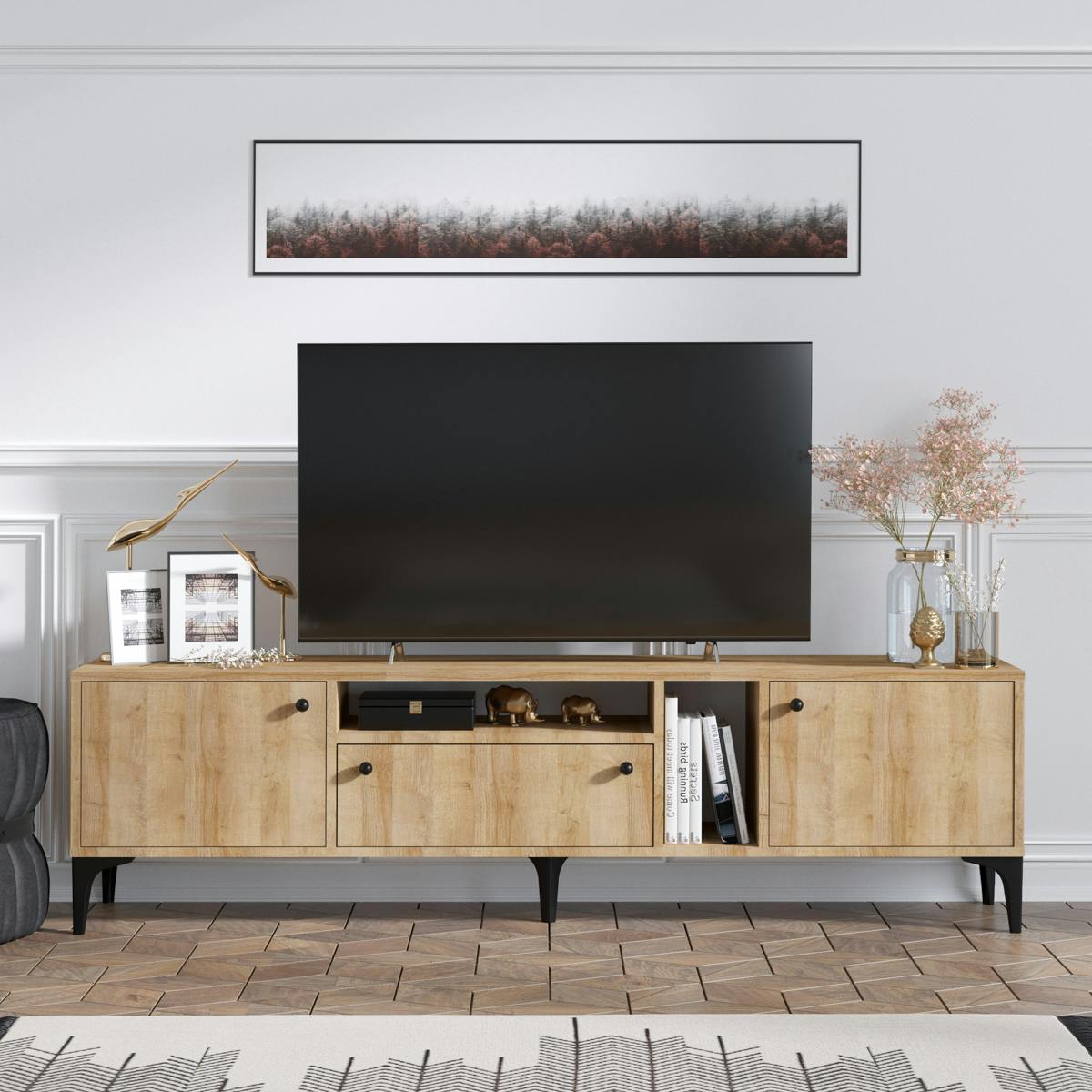 Meuble TV scandinave décor bois 3 portes 2 niches UMEA