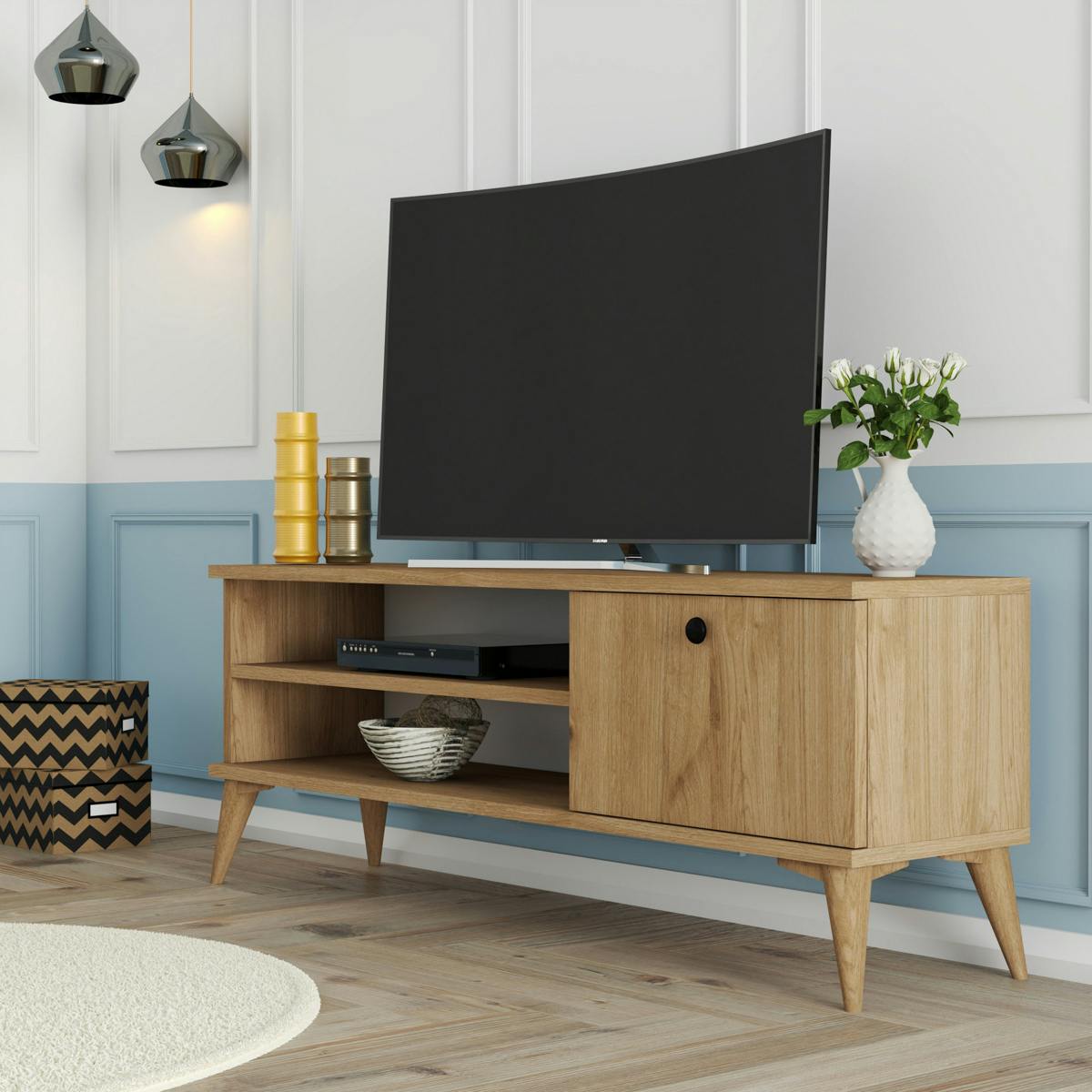 Meuble TV scandinave décor bois clair 1 porte 120 cm UMEA
