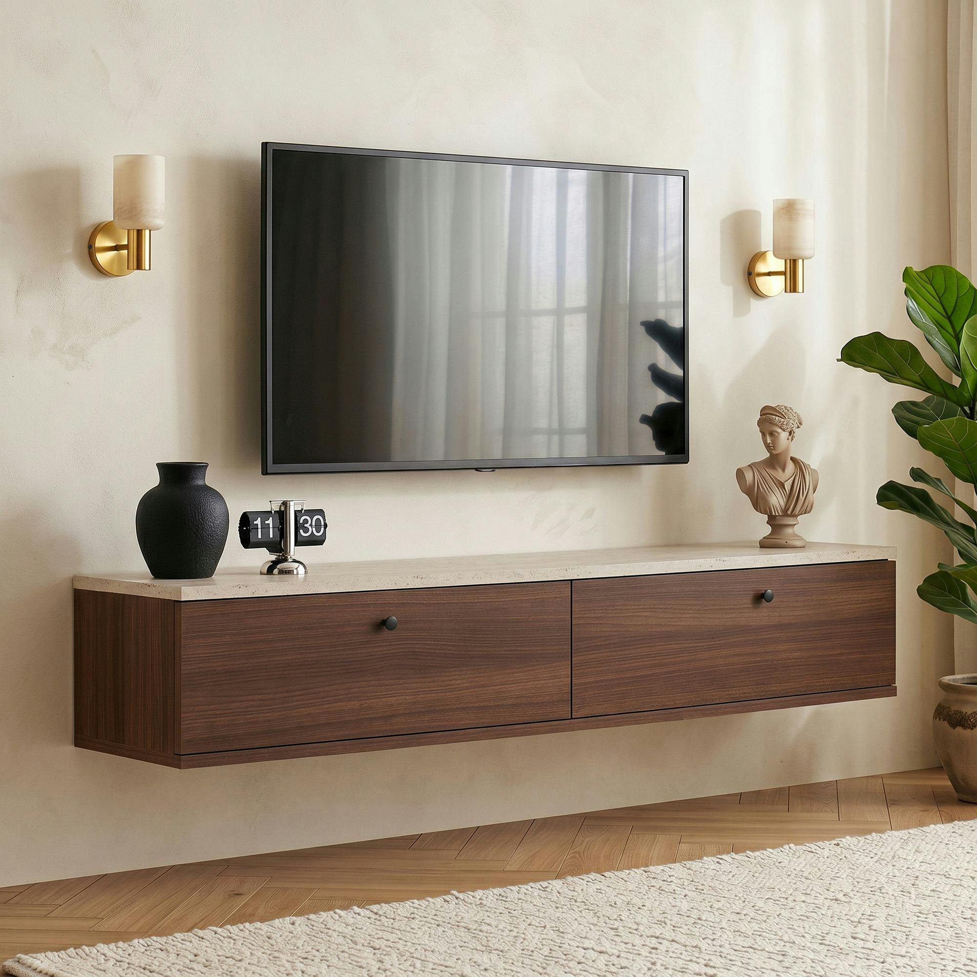Meuble TV suspendu 2 p. décor travertin et noyer 140 cm MARFA