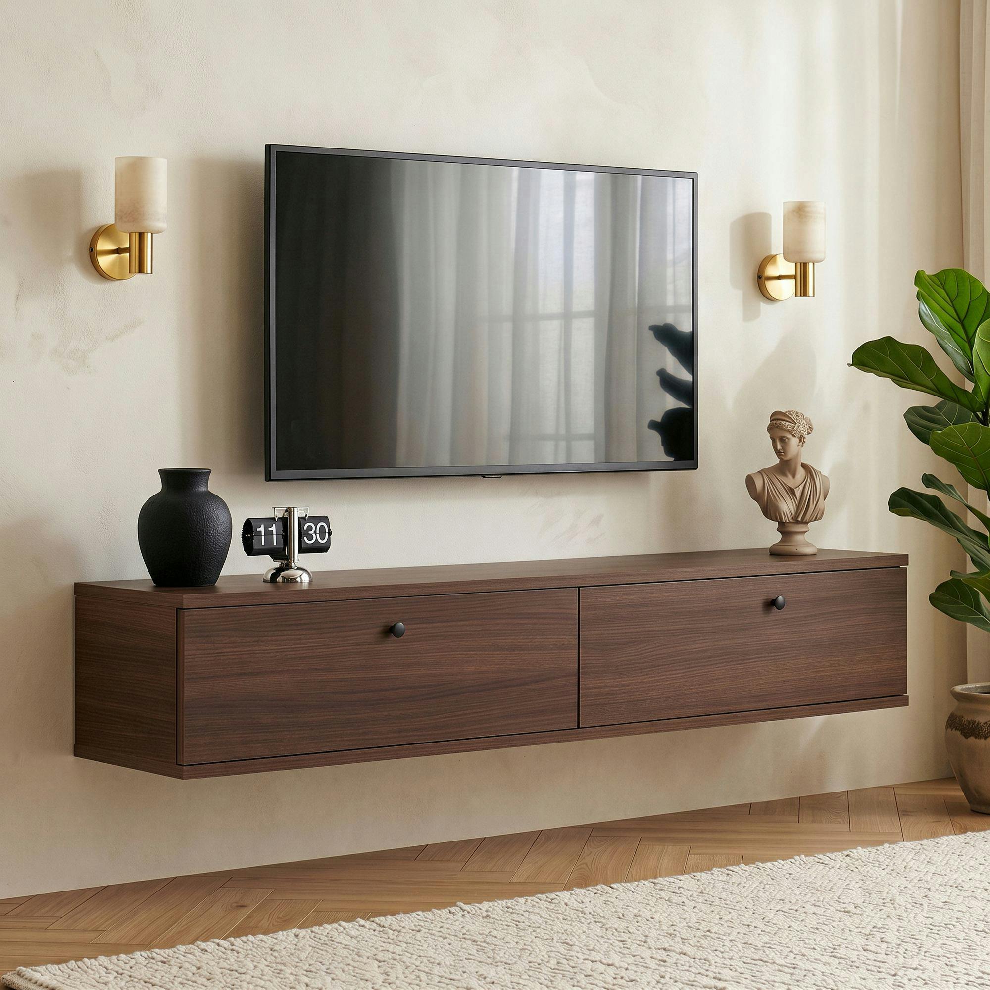 Meuble TV suspendu 2 portes décor noyer 140 cm MARFA