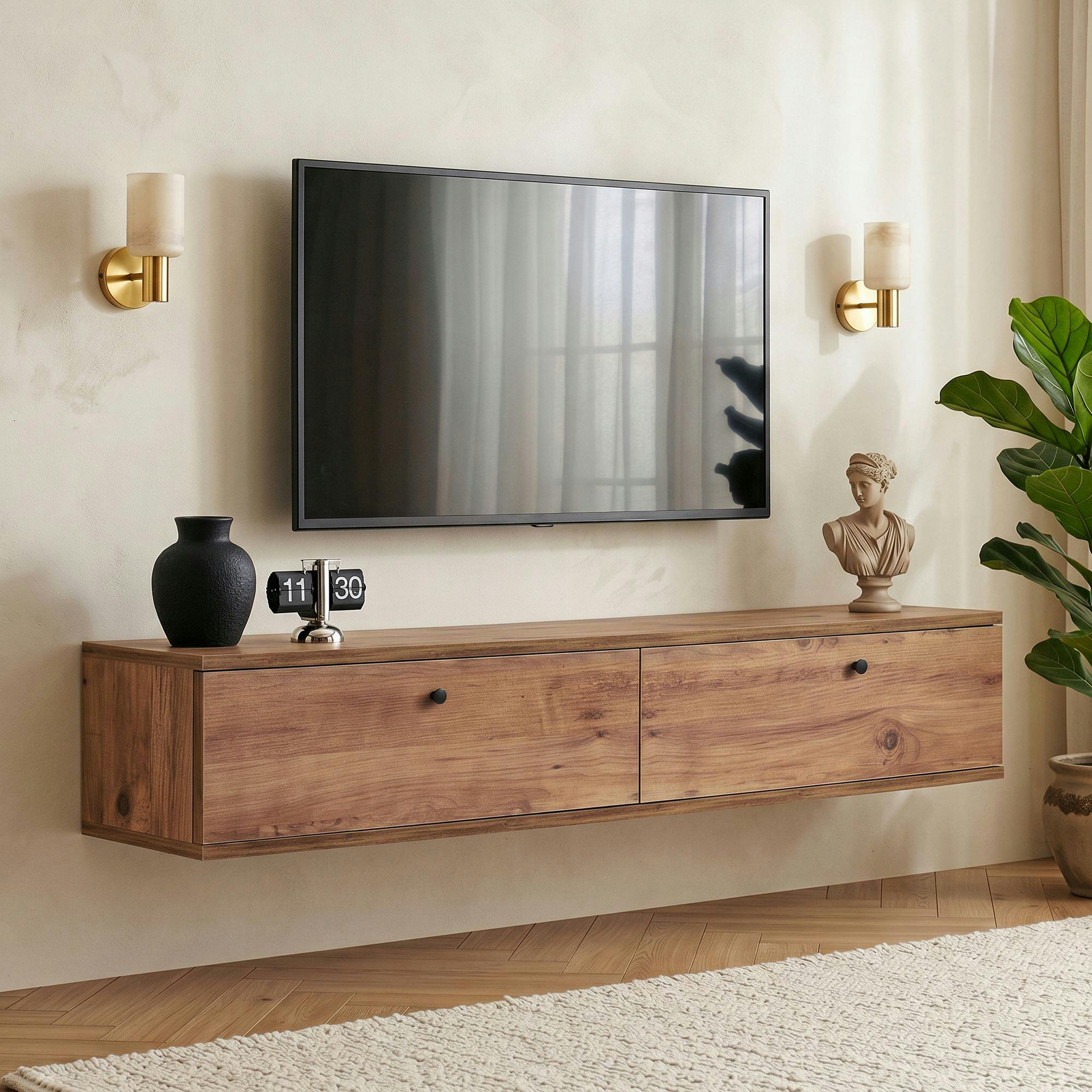 Meuble TV suspendu 2 portes décor pin 140 cm MARFA