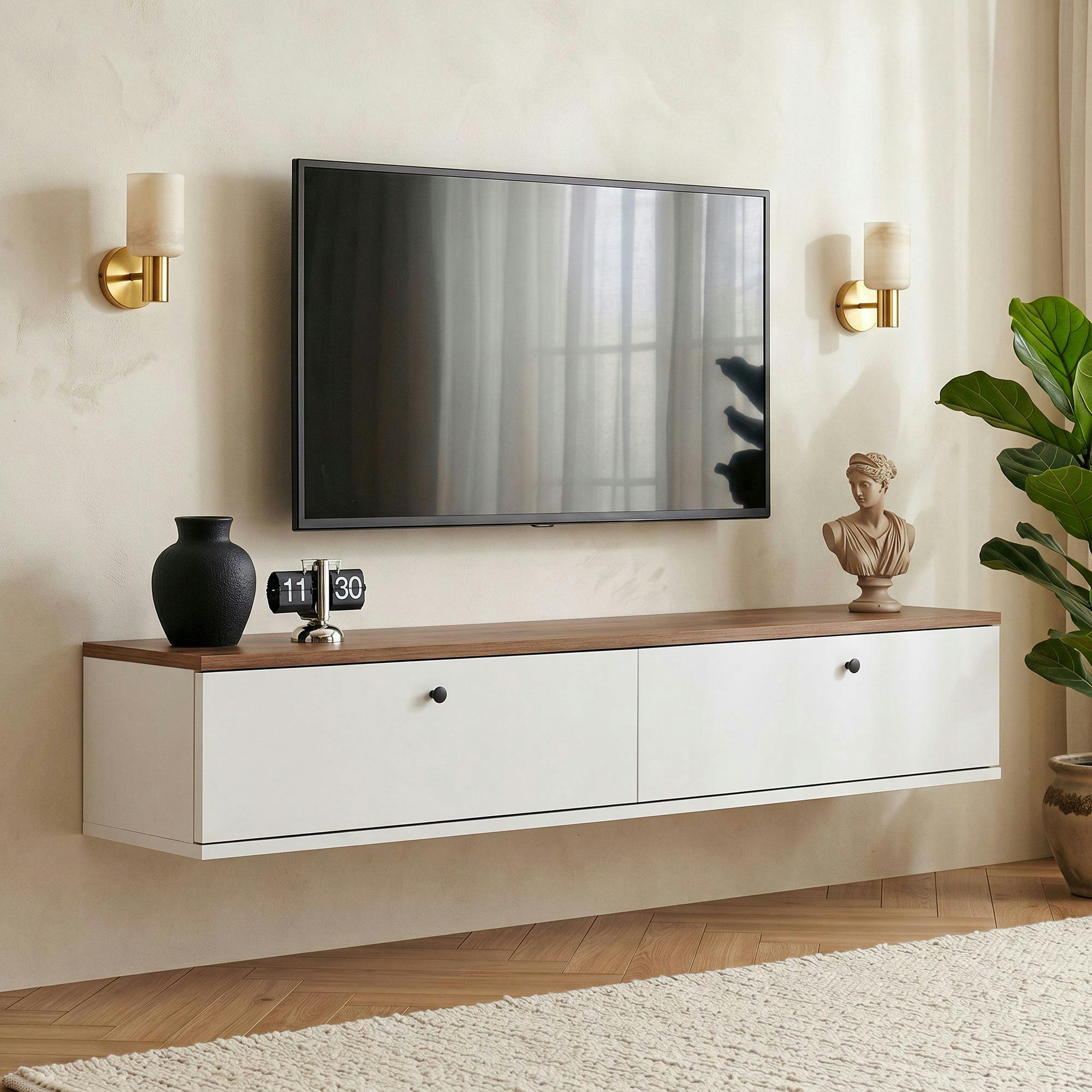 Meuble TV suspendu 2 portes décor pin et blanc 140 cm MARFA
