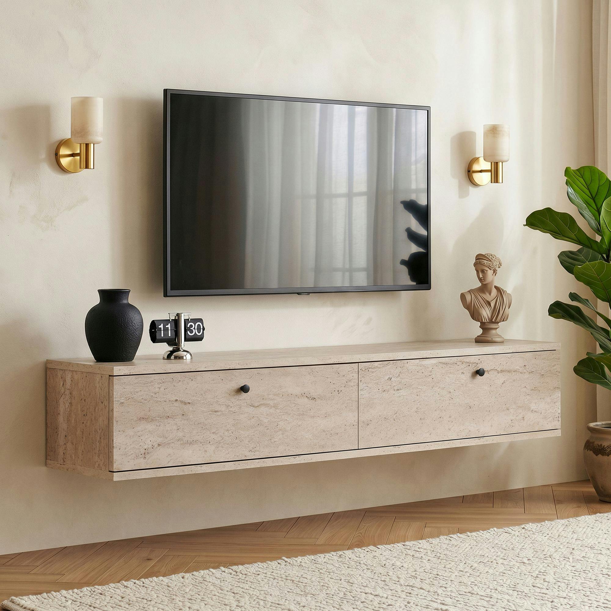 Meuble TV suspendu 2 portes décor travertin 140 cm MARFA
