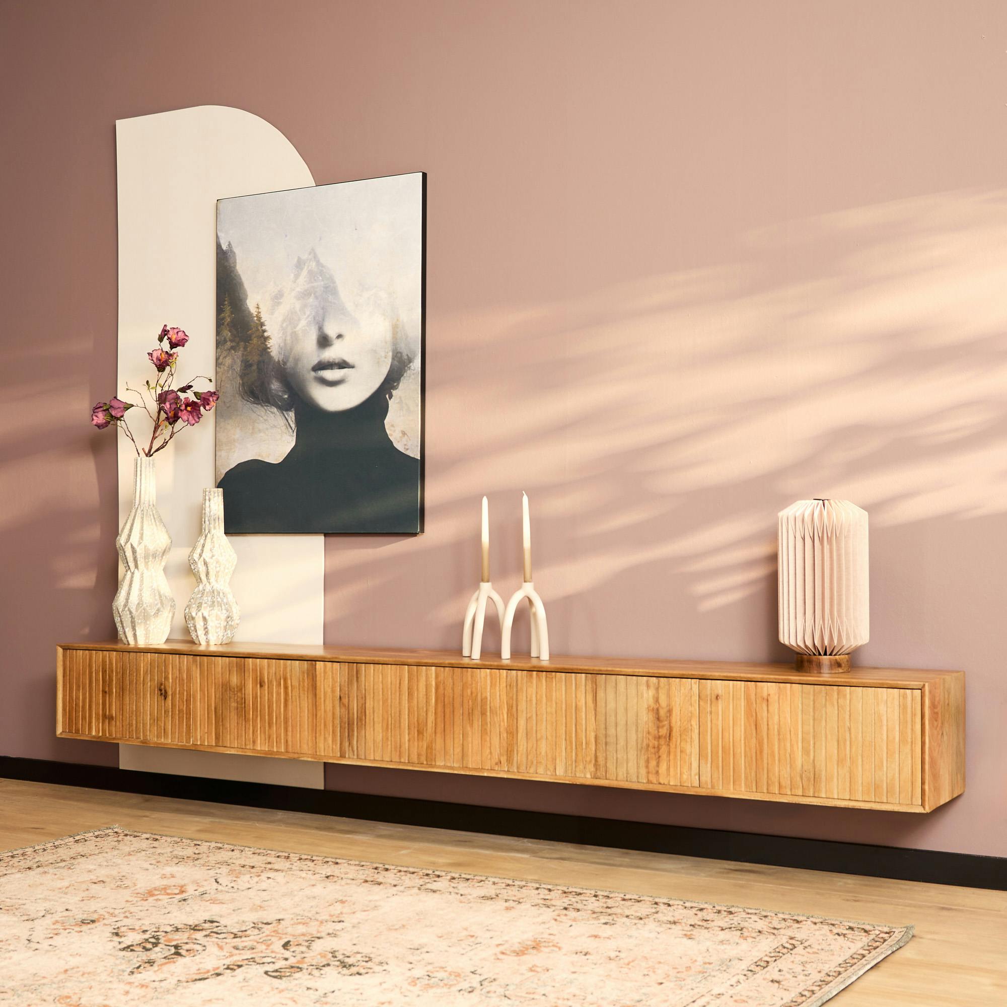 Meuble TV suspendu bois 5 portes rainurées CORTINA