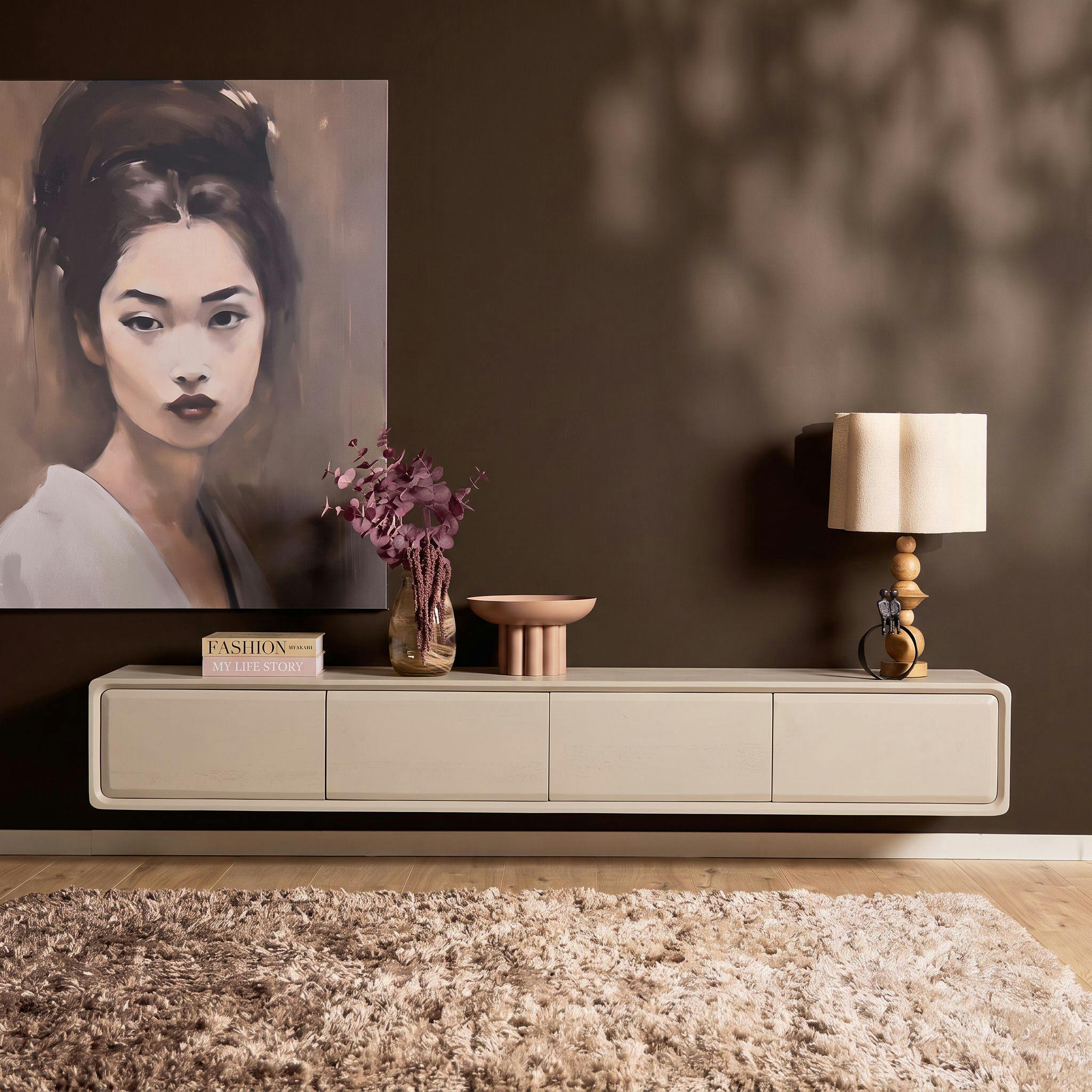 Meuble TV suspendu bois beige 4 tiroirs 200 cm AERA