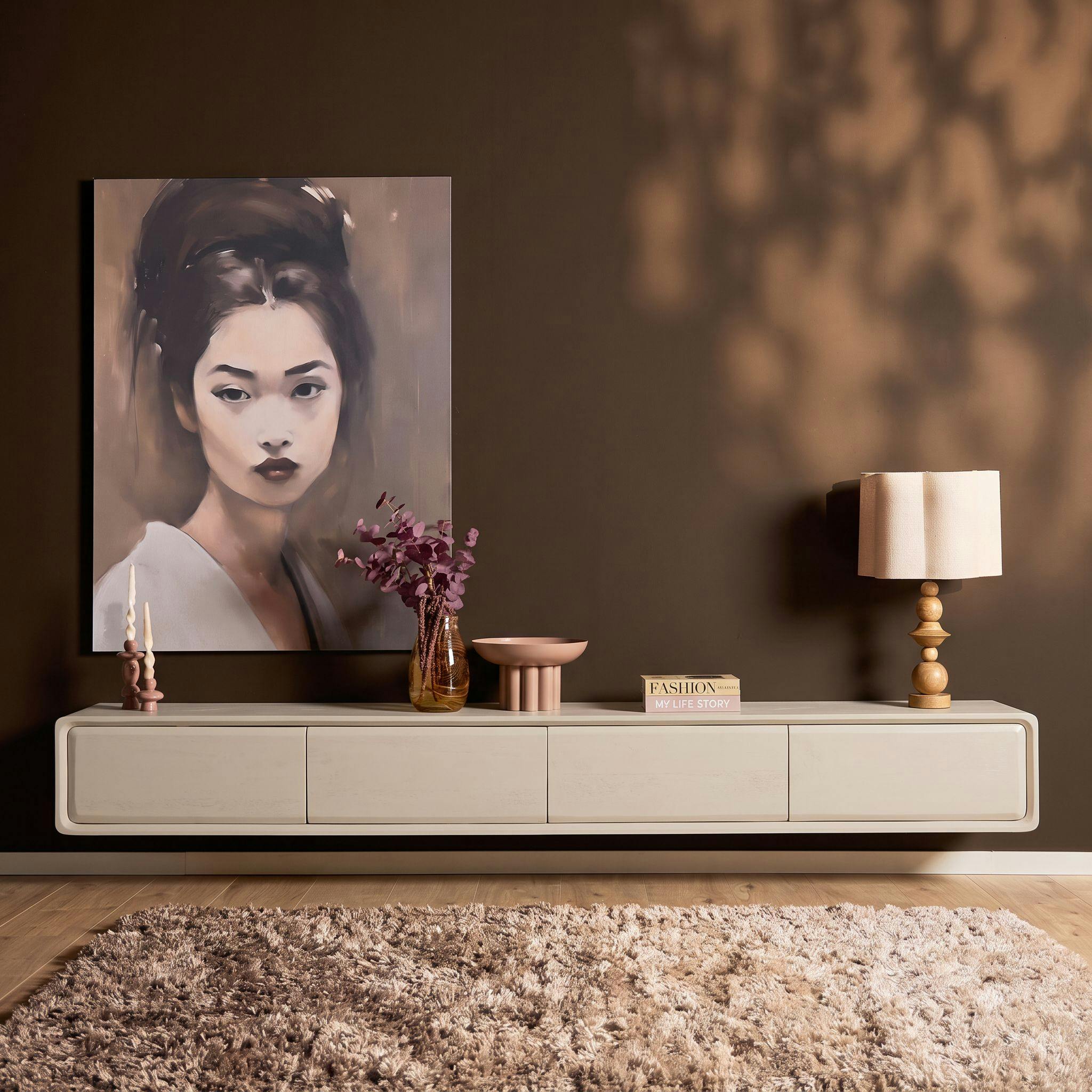 Meuble TV suspendu bois beige 4 tiroirs 240 cm AERA