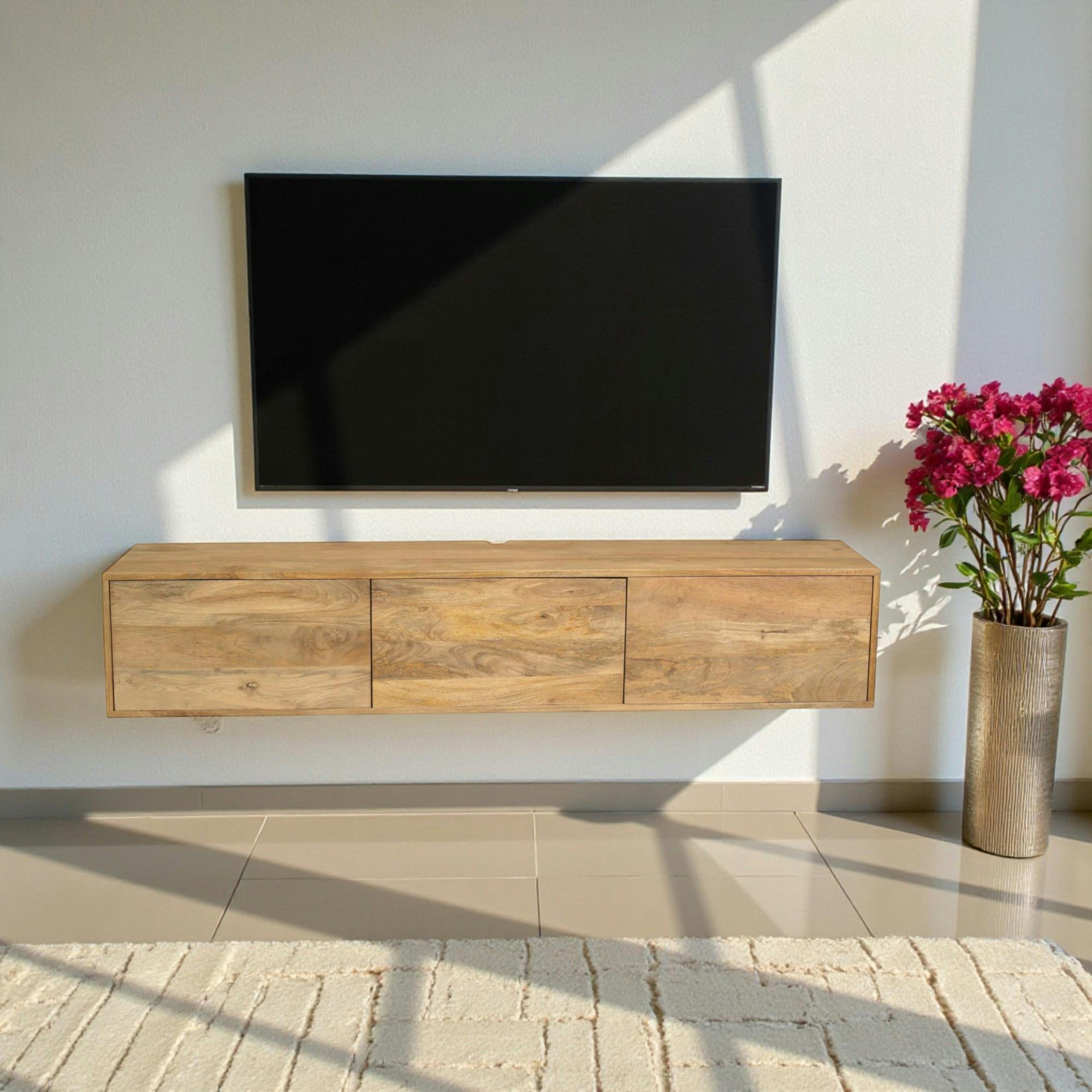 Meuble TV suspendu bois clair 3 portes JUNO