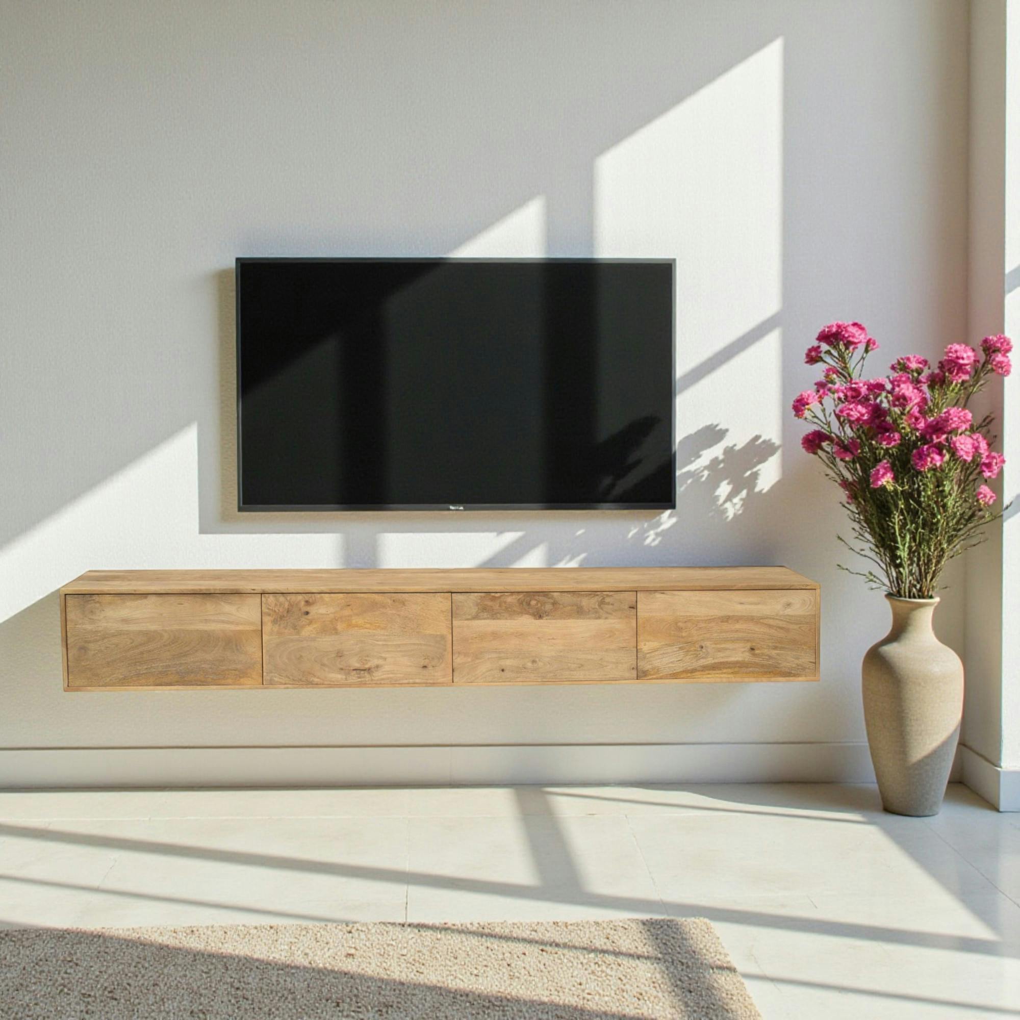 Meuble TV suspendu bois clair 4 portes JUNO