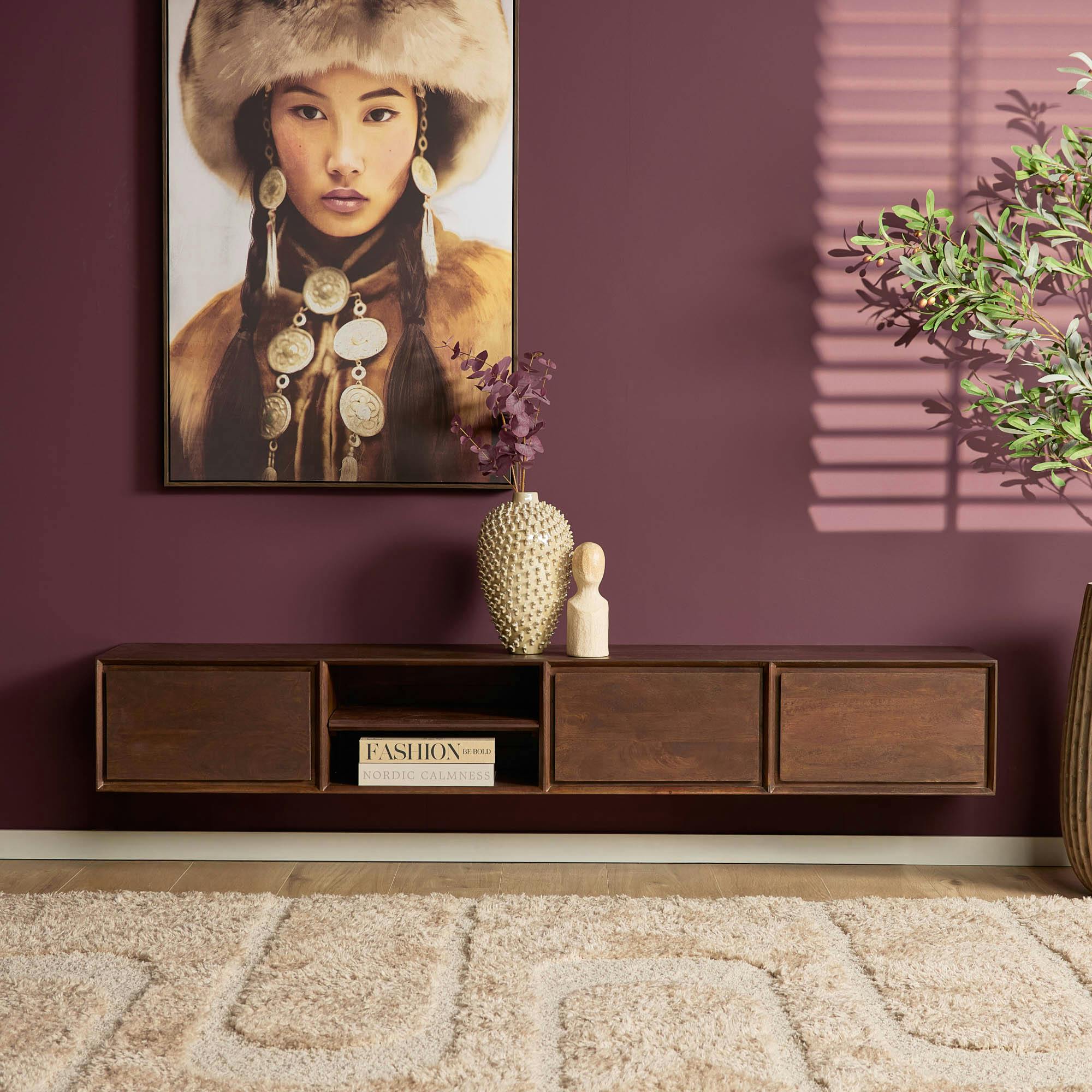 Meuble TV suspendu bois foncé 3 tiroirs 1 niche 200 cm AERA