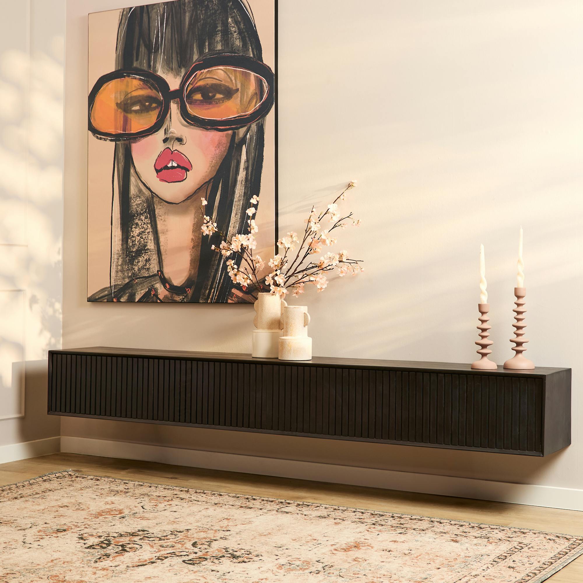 Meuble TV suspendu bois noir 4 portes rainurées 240 cm CORTINA