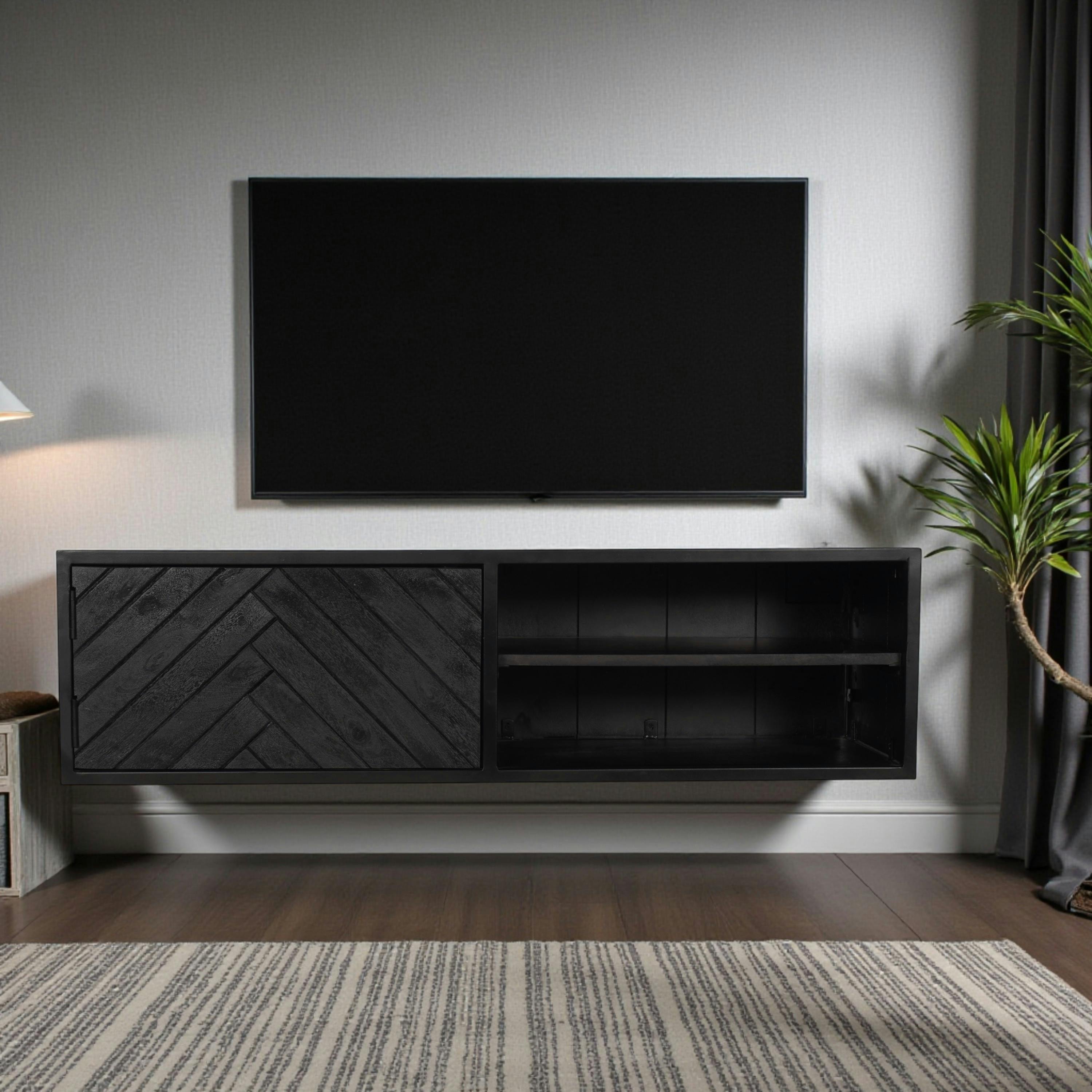 Meuble TV suspendu bois noir avec rangement 120 cm ALVERA