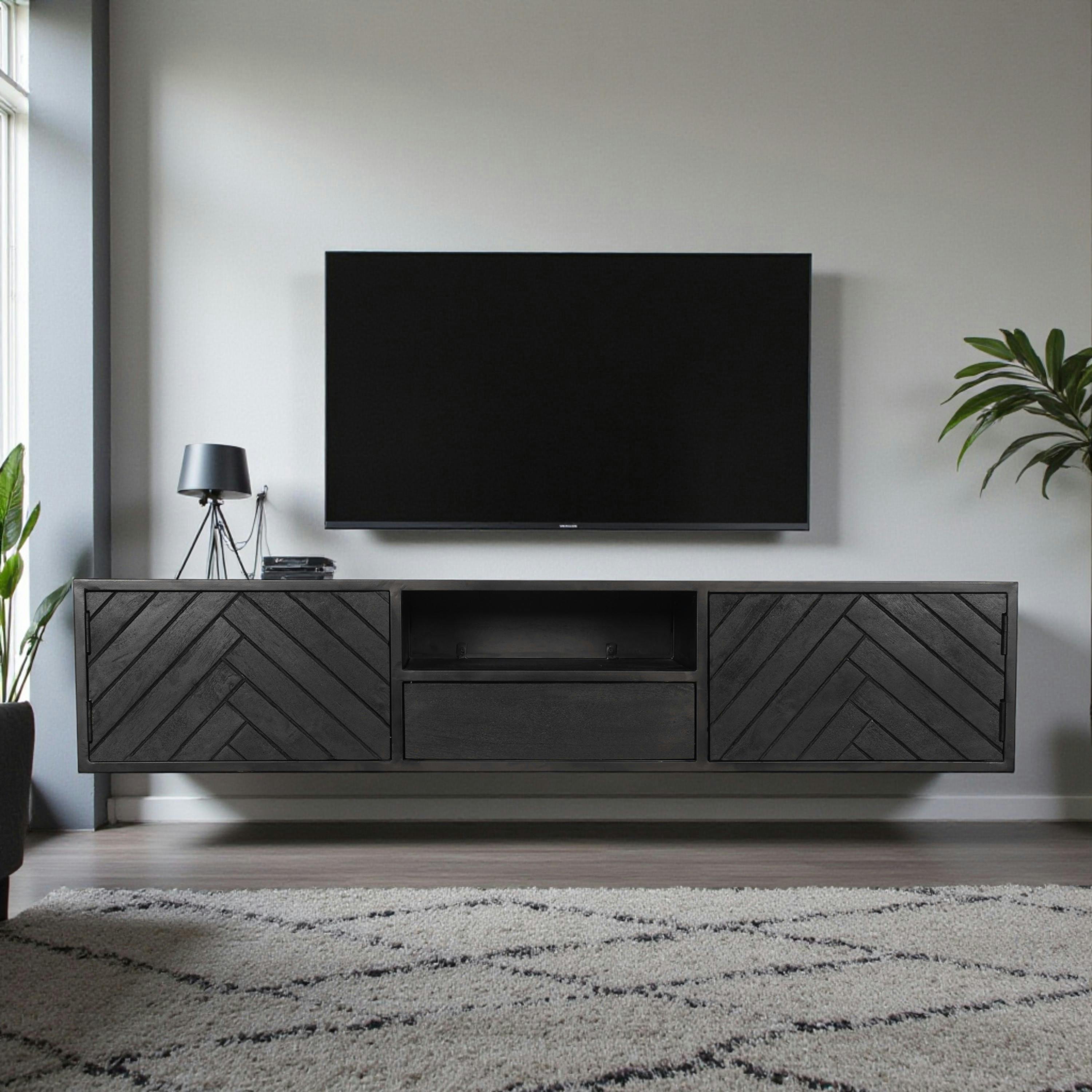 Meuble TV suspendu bois noir avec rangement 160 cm ALVERA