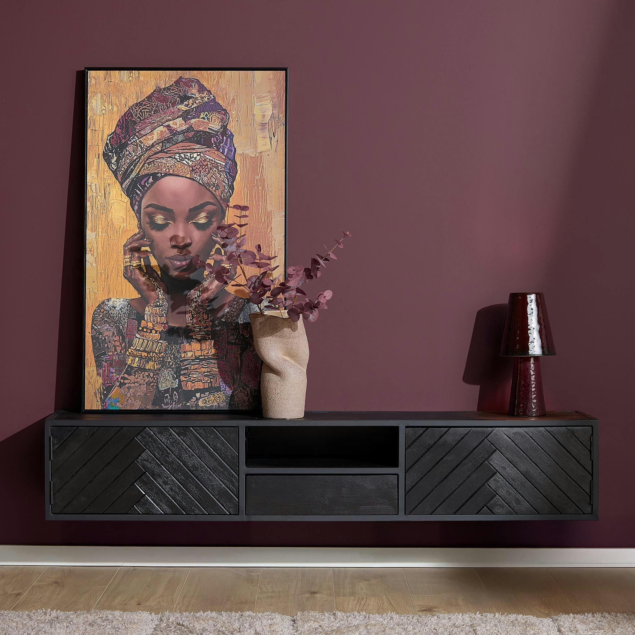 Meuble TV suspendu bois noir avec rangement 180 cm ALVERA