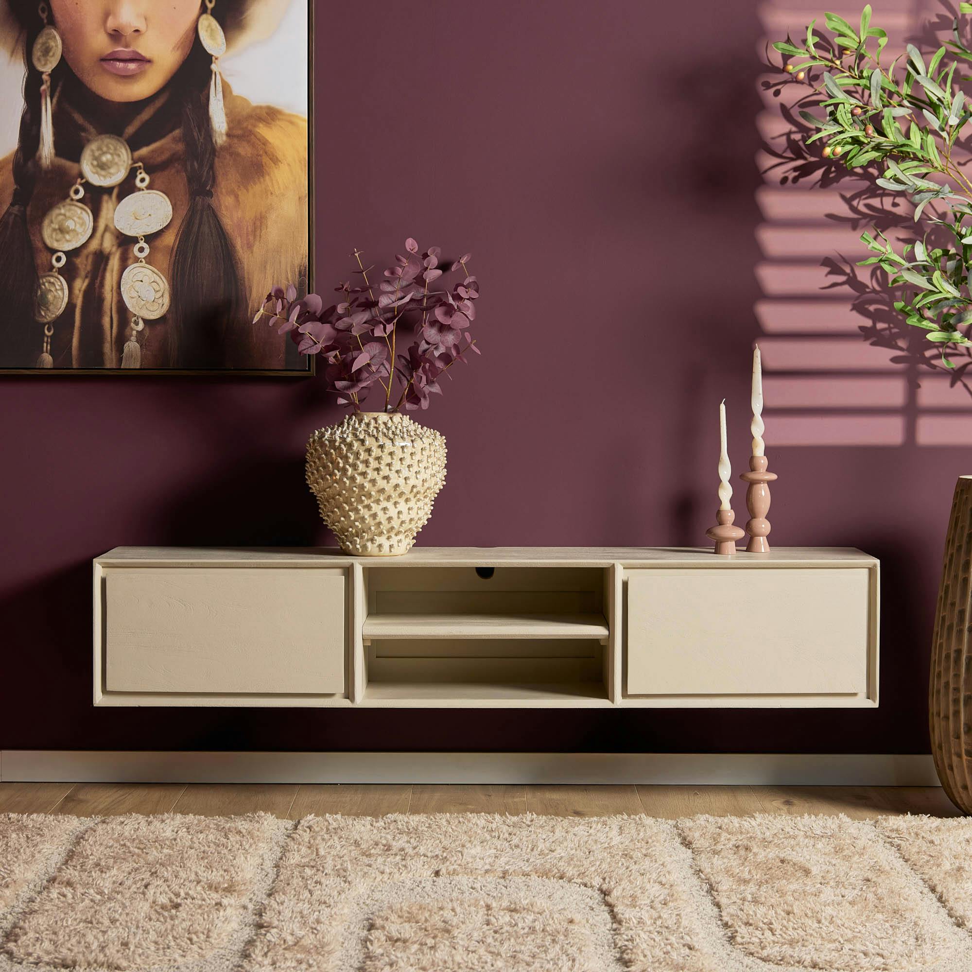 Meuble TV suspendu bois sable 2 tiroirs 1 niche AERA