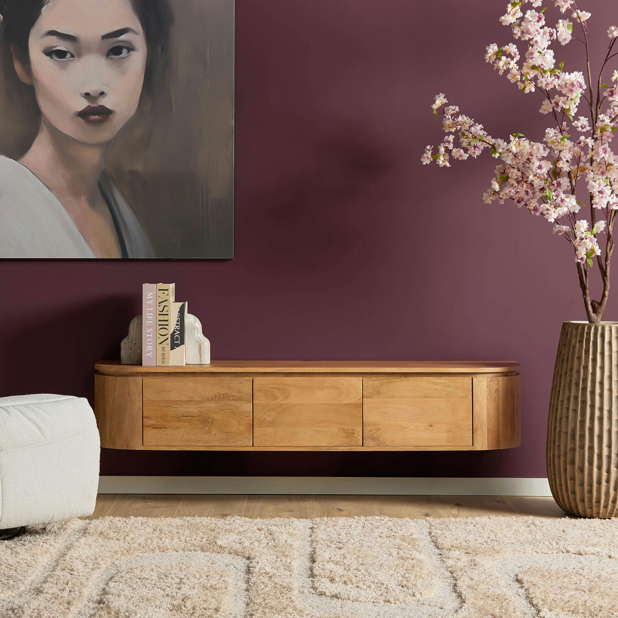 Meuble TV suspendu en bois, bords arrondis 160 cm AREZZO