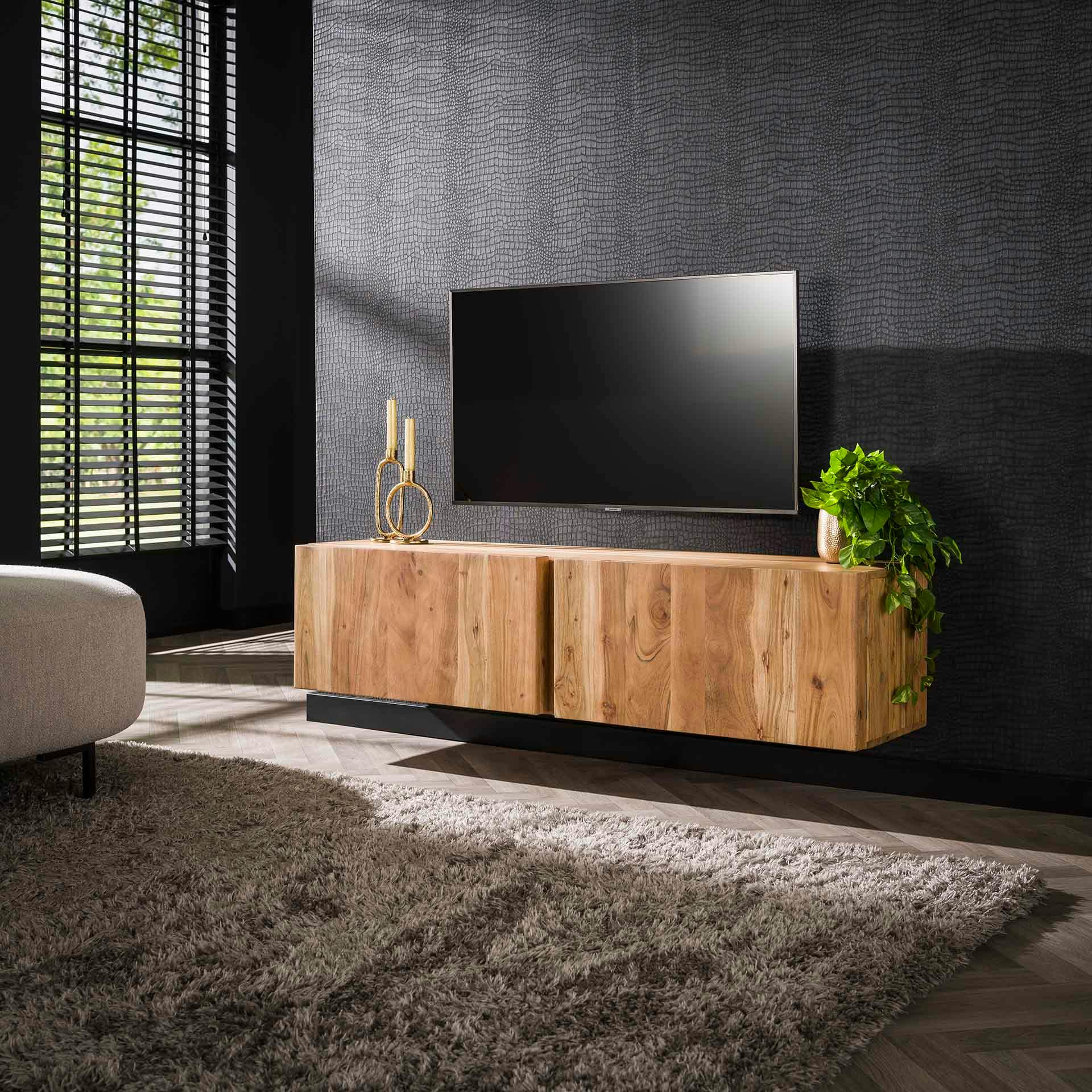Meuble tv suspendu en bois d'acacia 2 blocs rangement MELBOURNE