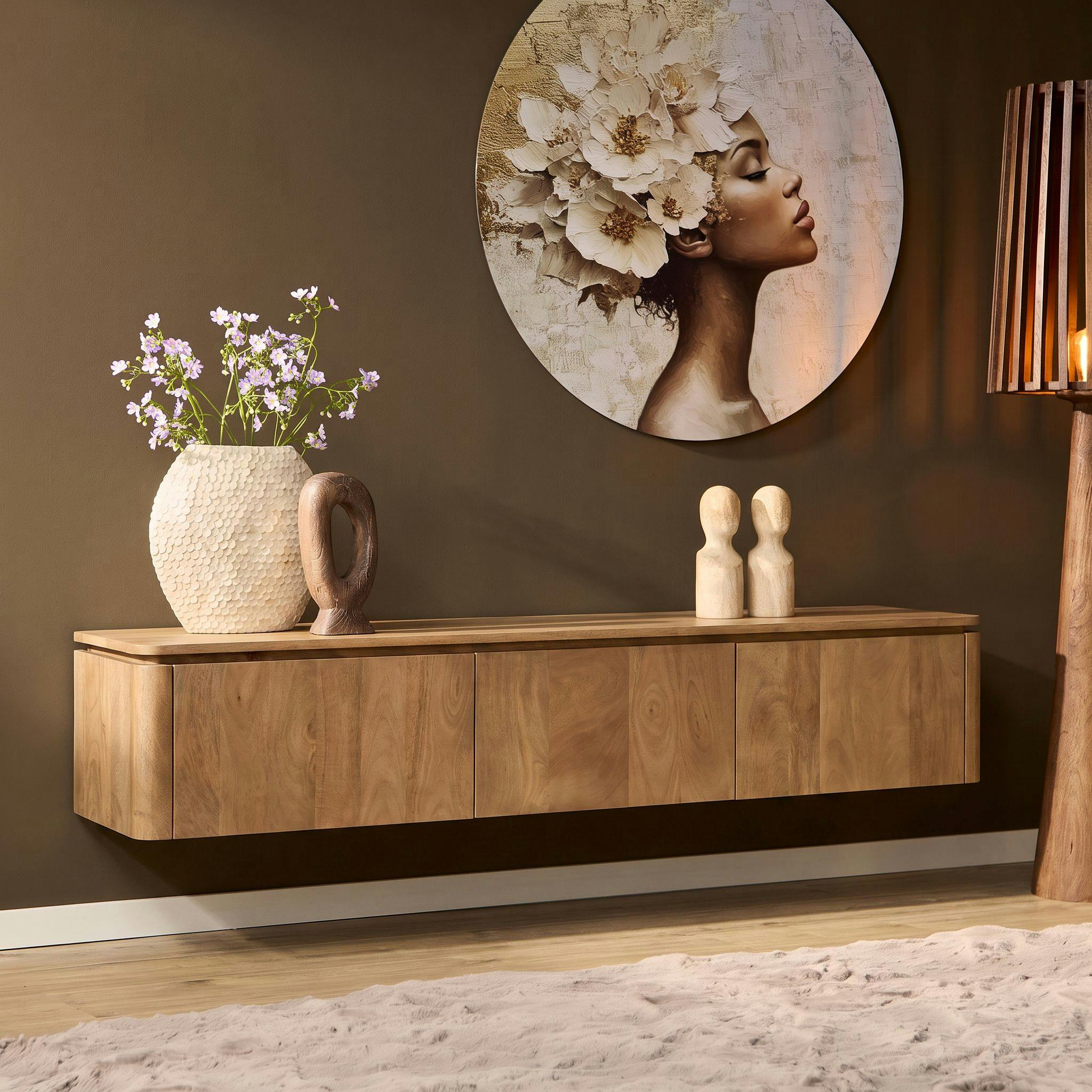 Meuble TV suspendu en bois de manguier 3 portes 165 cm KASO