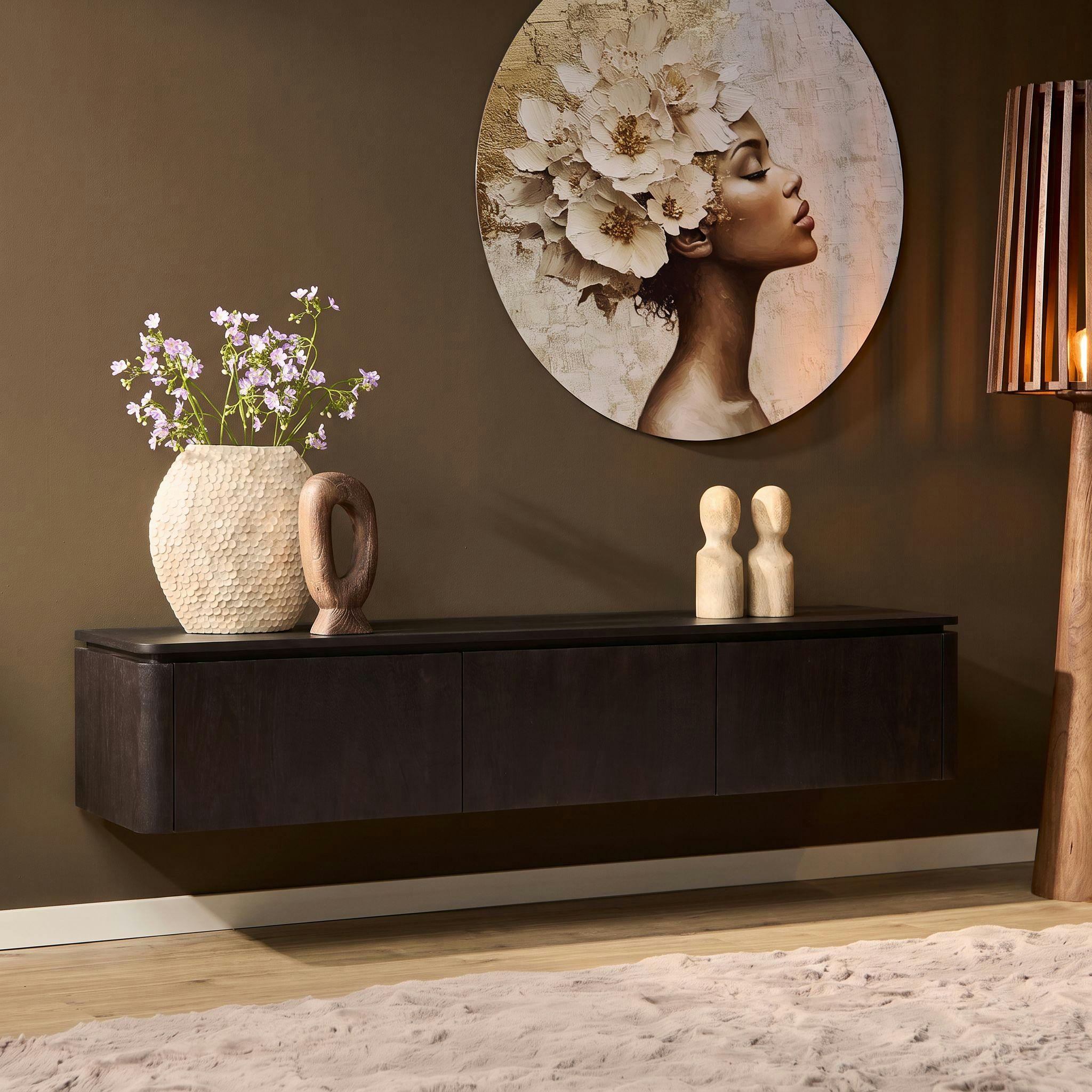 Meuble TV suspendu en bois marron 3 portes 165 cm KASO