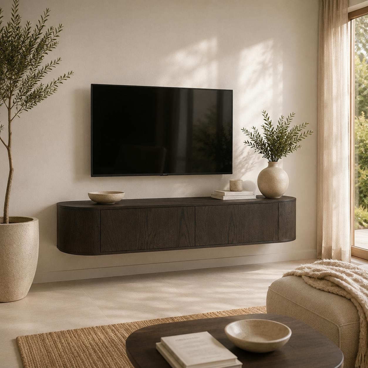Meuble TV suspendu en chêne brun 2 portes LOREN