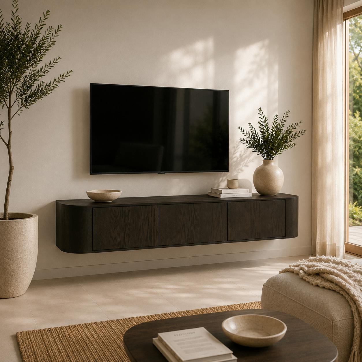Meuble TV suspendu en chêne brun 3 portes LOREN