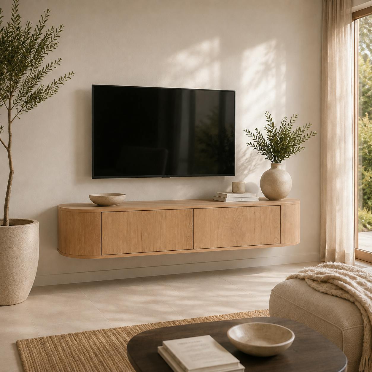 Meuble TV suspendu en chêne clair 2 portes LOREN