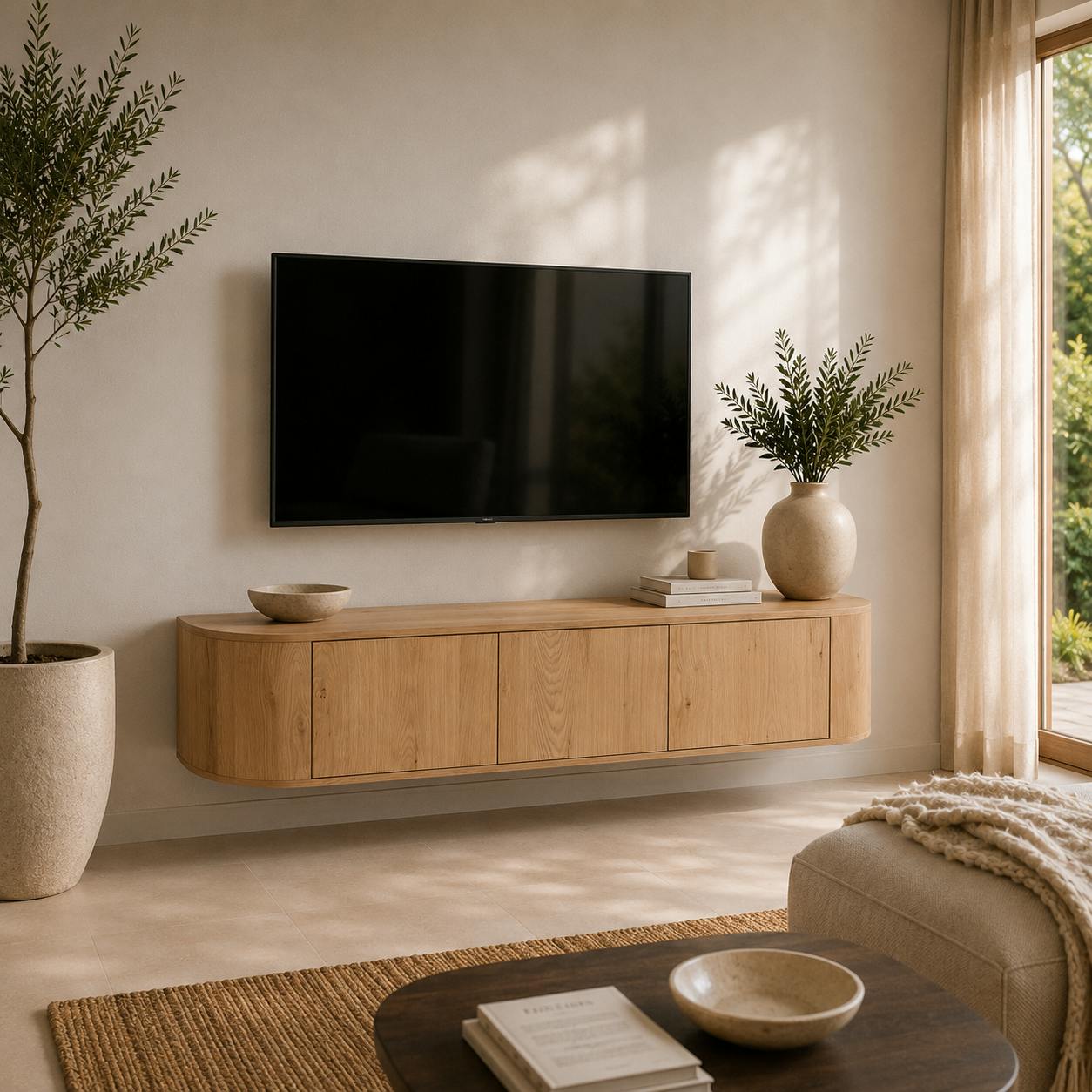 Meuble TV suspendu en chêne clair 3 portes LOREN
