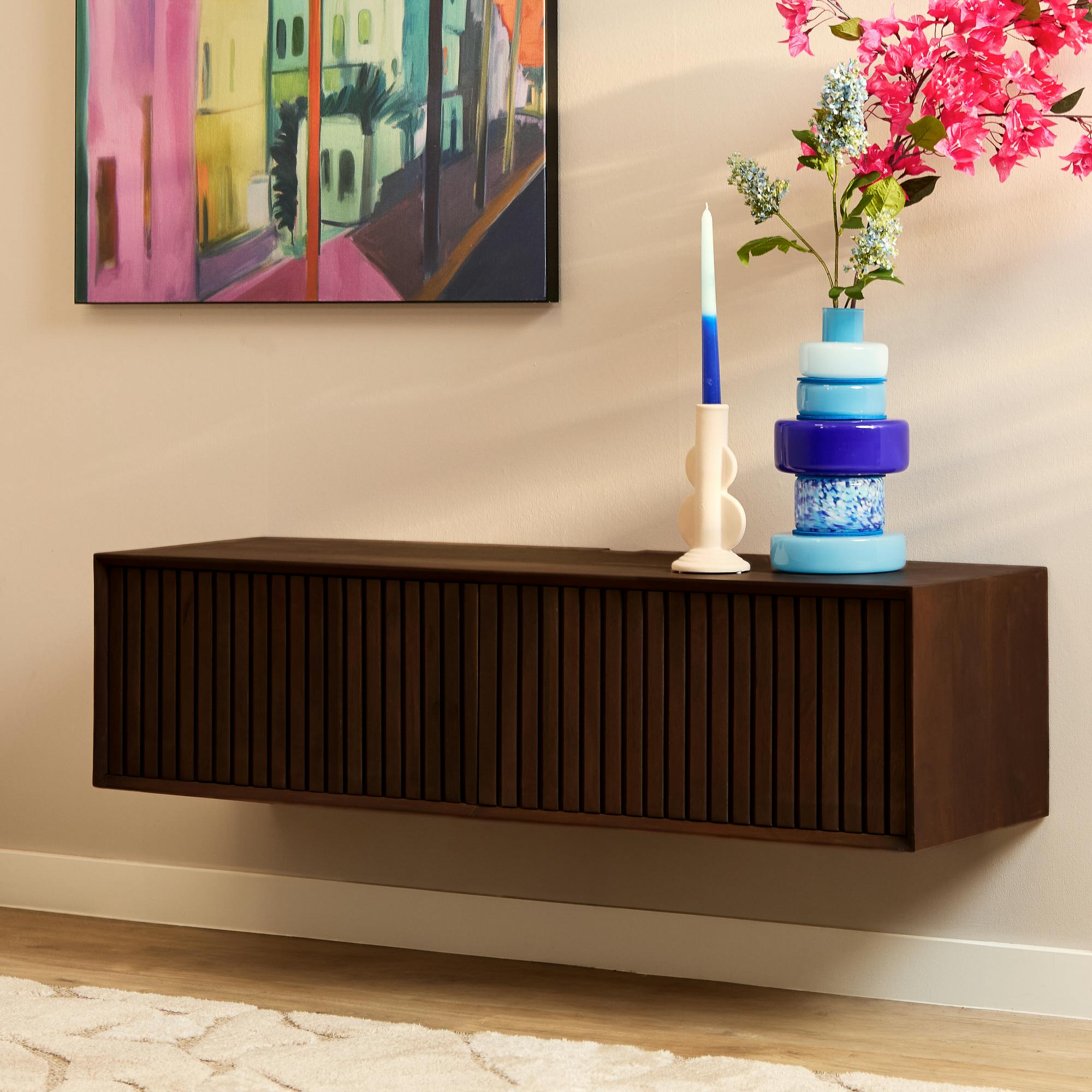 Meuble TV suspendu vintage 2 portes rainurées CORTINA