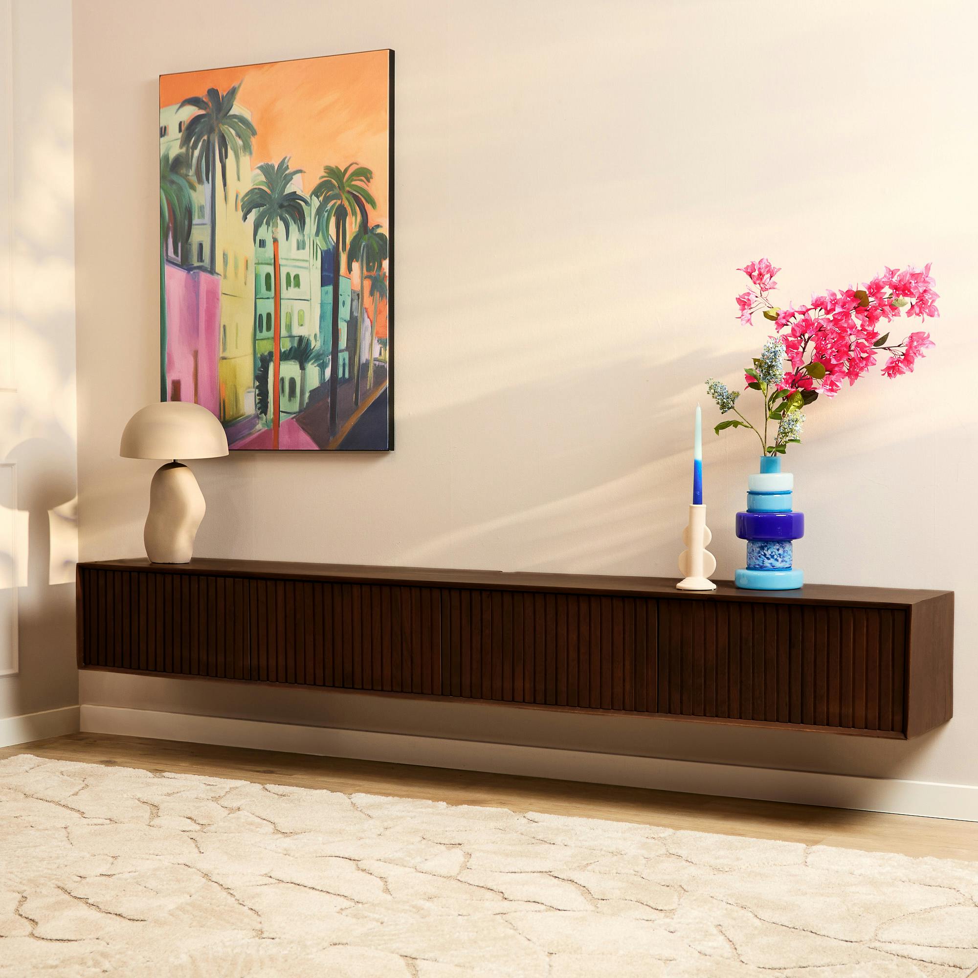 Meuble TV suspendu vintage 4 portes rainurées 240 cm CORTINA