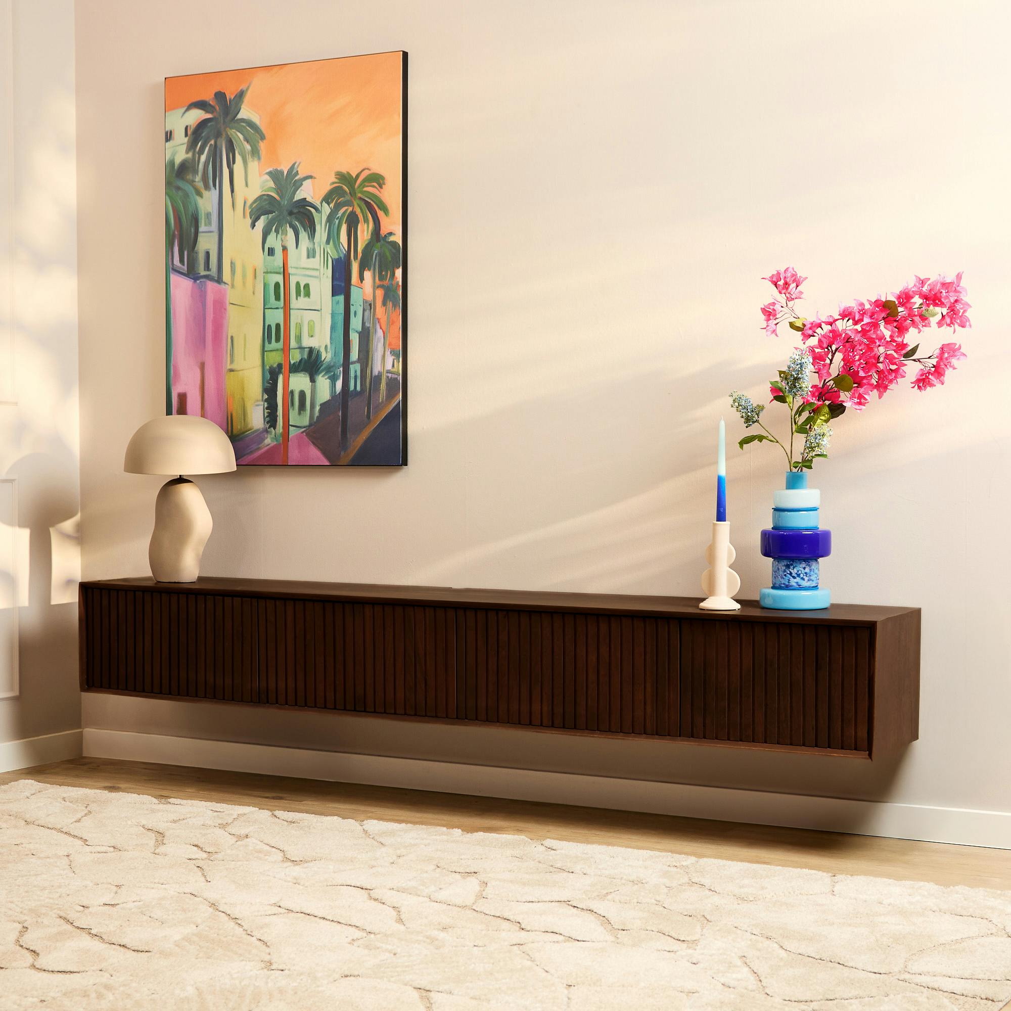 Meuble TV suspendu vintage 4 portes rainurées CORTINA