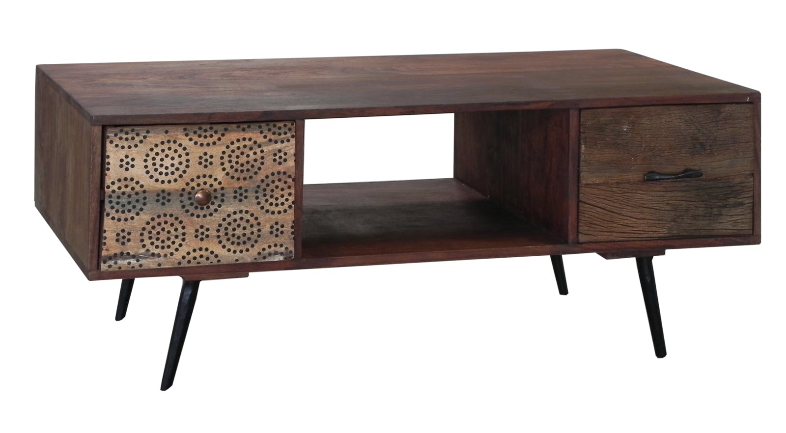 Meuble TV en bois pieds metal deux tiroirs de style exotique