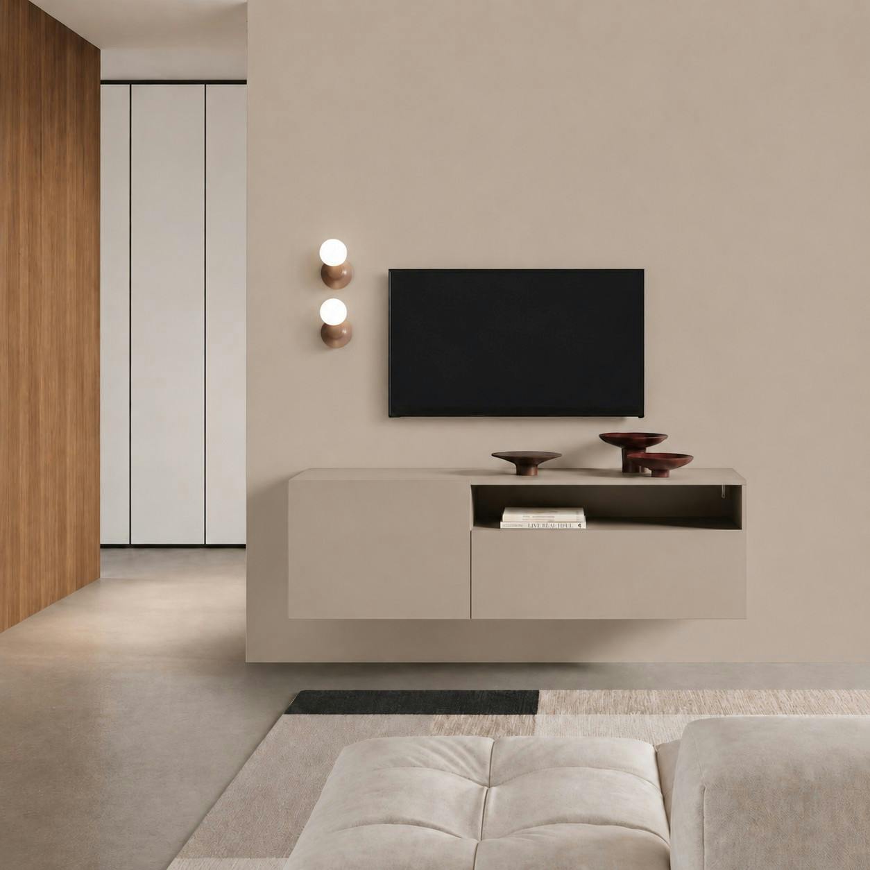 Meuble TV taupe moderne à poser ou suspendre LORA