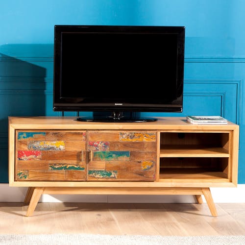 Meuble TV en bois recycle deux portes de style vintage